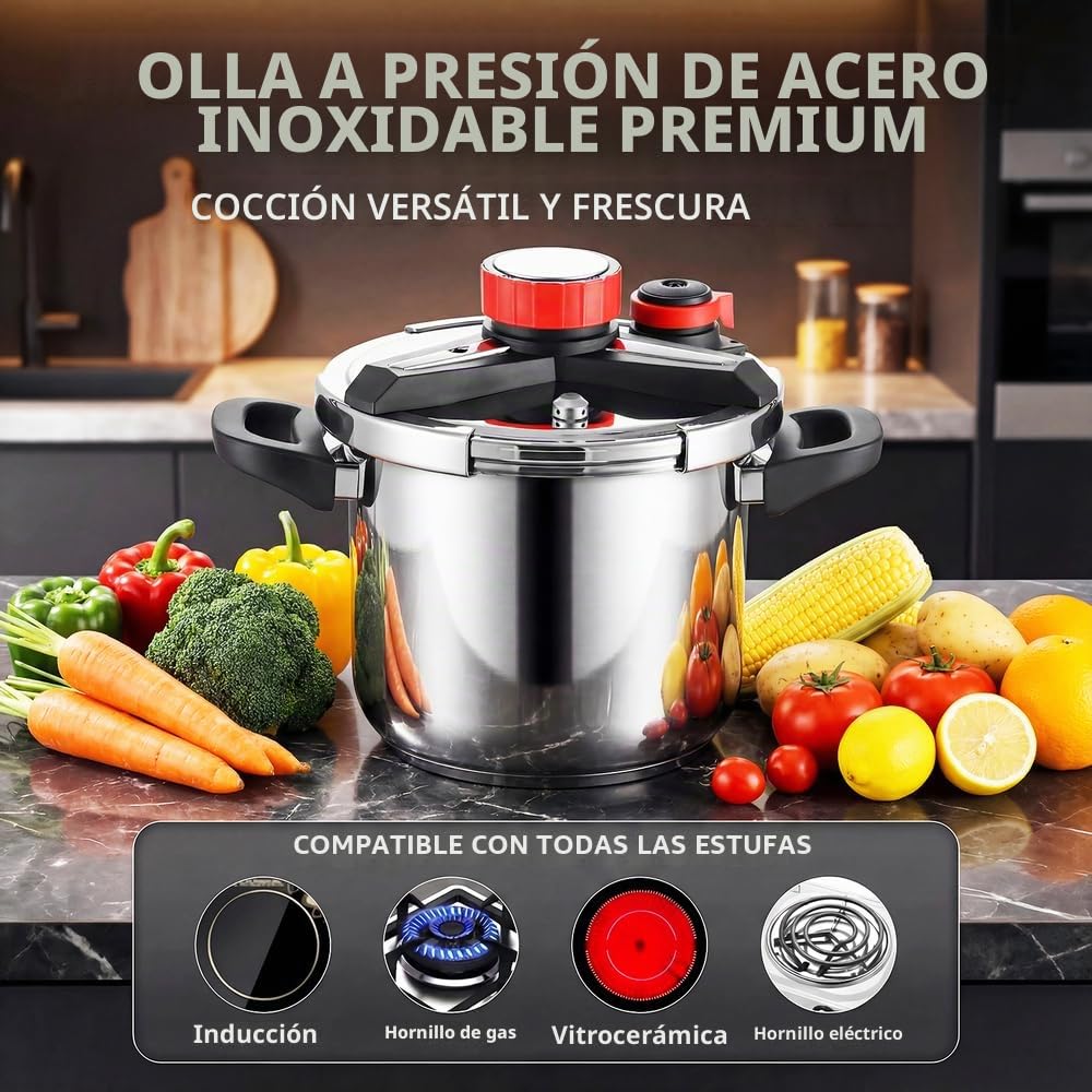 12 Liters Olla a Presión 4 en 1 de Acero Inoxidable 304,Antiexplosión,3 Niveles PSI,Tapa de Vidrio y Vaporera,tapa de olla Conserva con Bloqueo de Una Mano,Compatible con Inducción y Gas