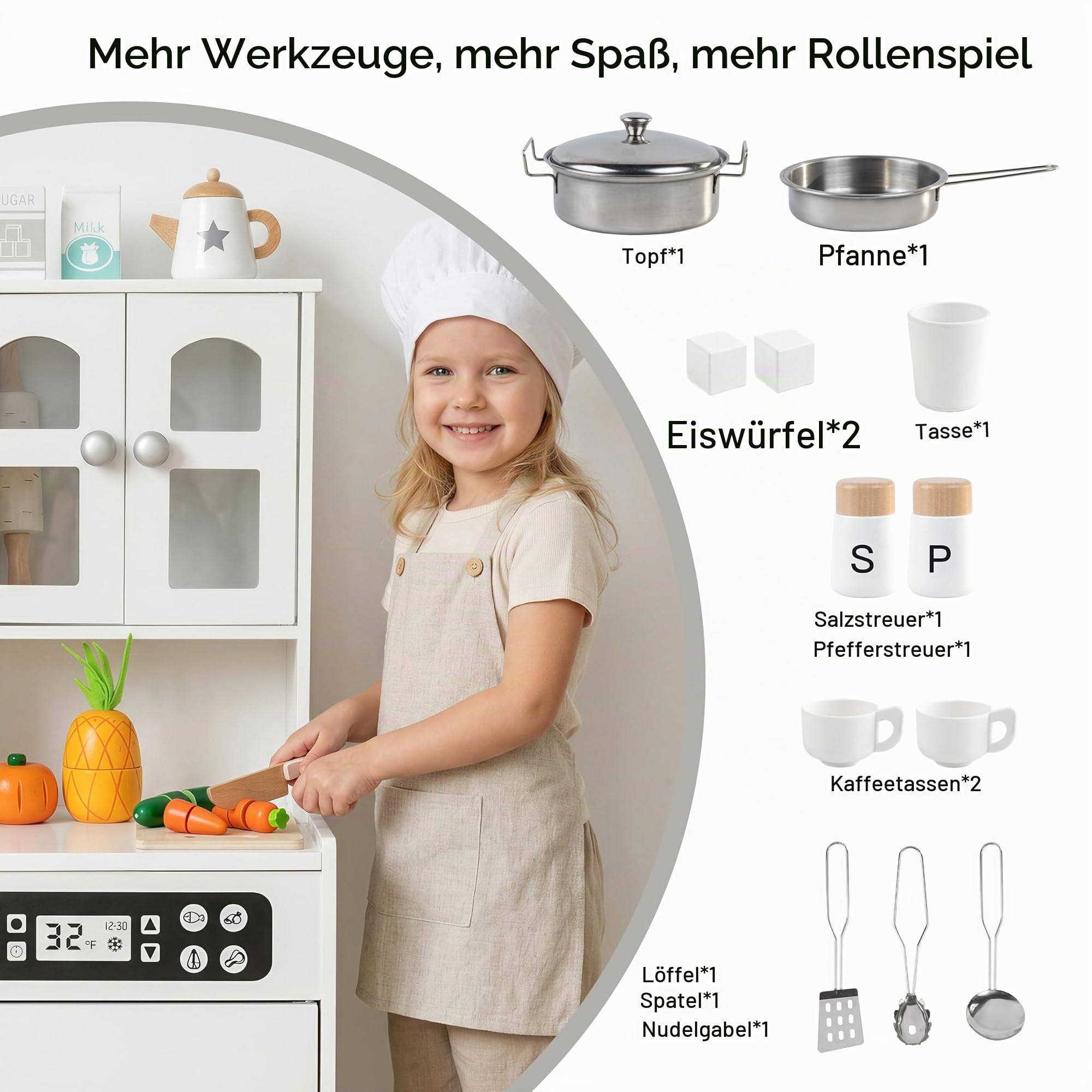 Holz-Spielküche für Kleinkinder & Kinder mit Licht & Sound, großes interaktives Rollenspiel-Küchenset mit Eiswürfelbereiter, Herd, Spüle & Backofen, 12 Zubehörteile – ab 3–8 Jahren