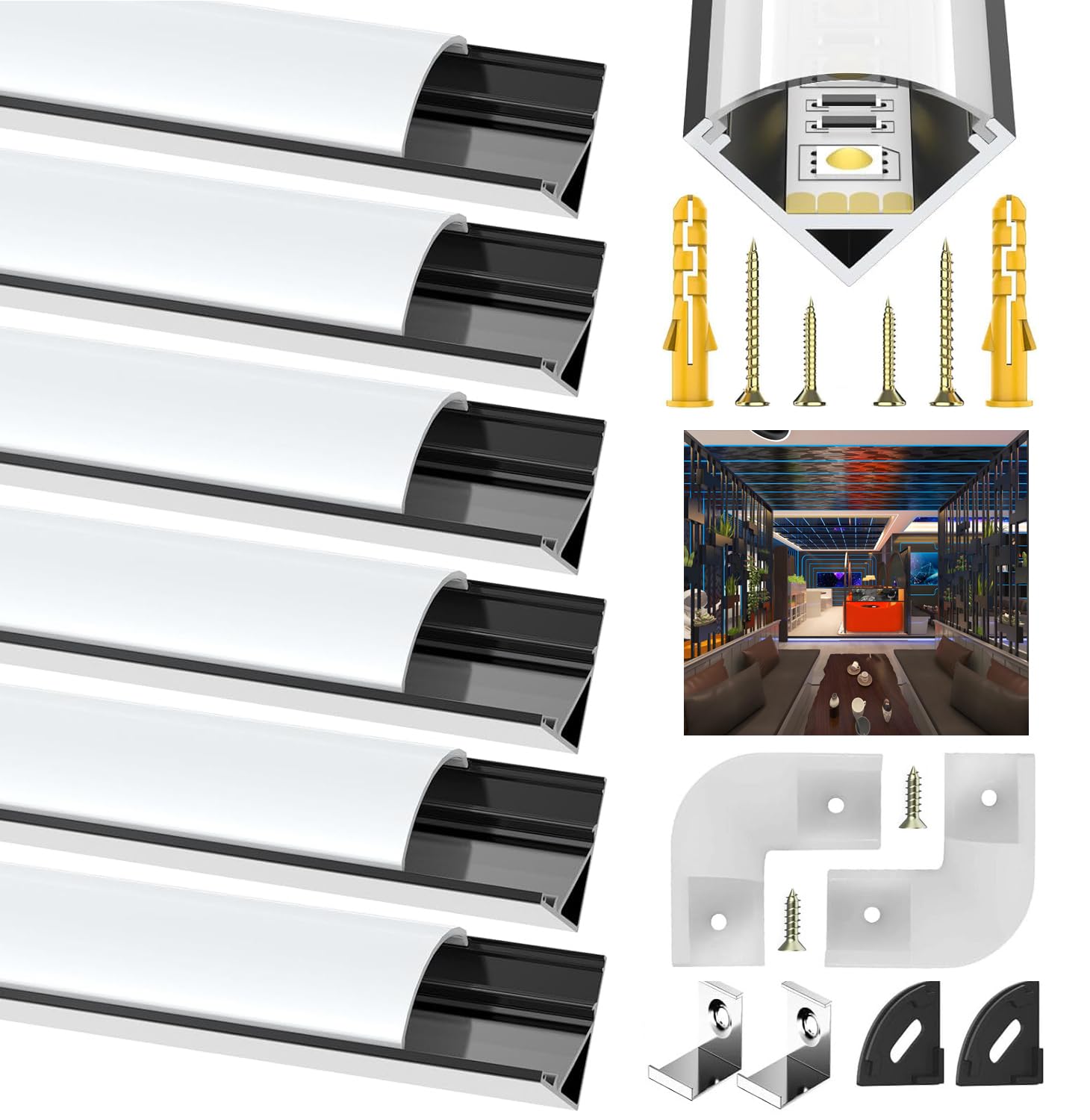 LED Kanal Schwarz, 6X1M Stripe Profil V Form Aluminium Profil für 10mm LED Streifen, Stripes Kanäle Leiste Aluprofil Eckprofil Strip Diffusor mit Milchig Weißer Abdeckung und 45 Grad Eckverbindern