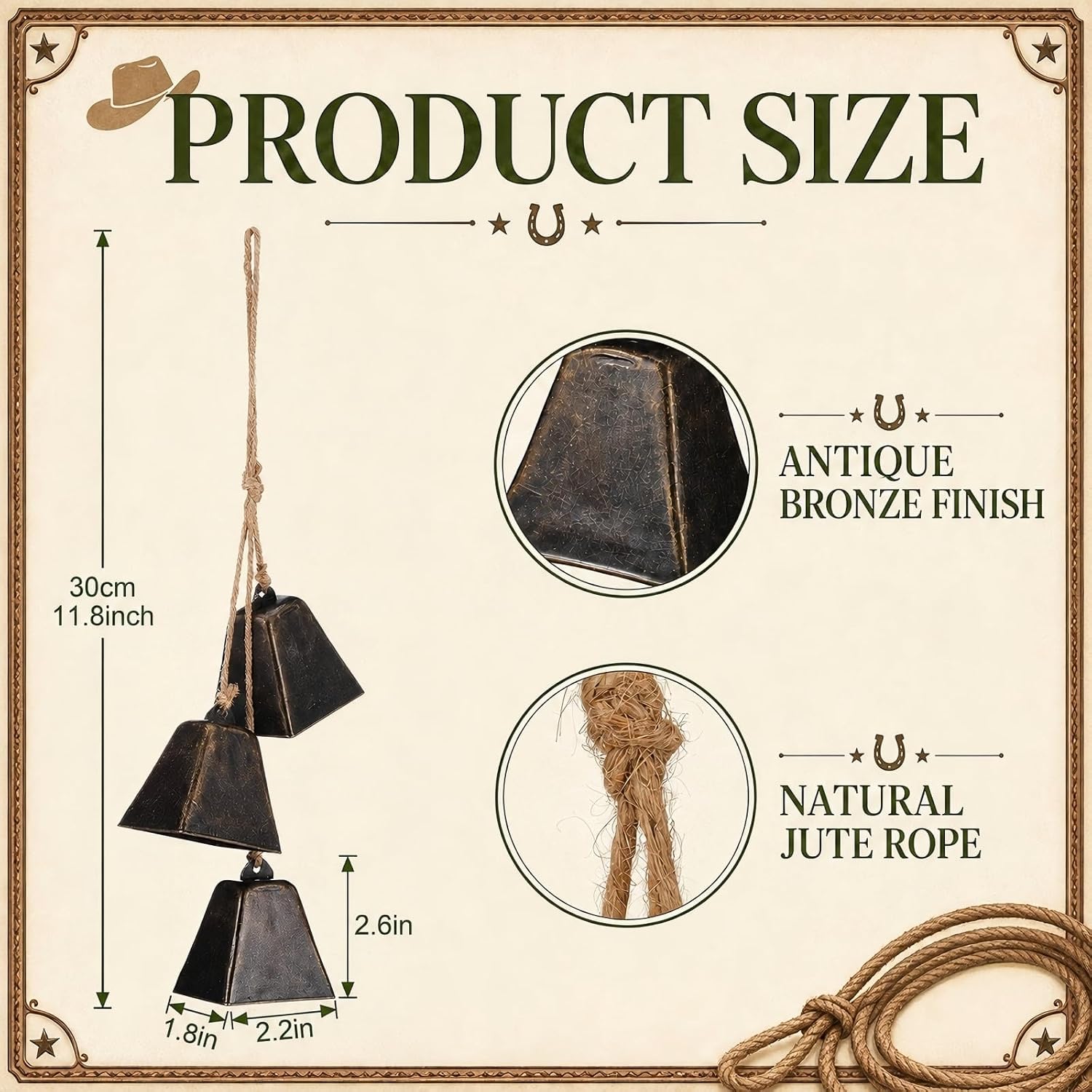 Fuutreo 2 Pcs Christmas Cow Bells, Rustic Jute Rope Hanging Ornament