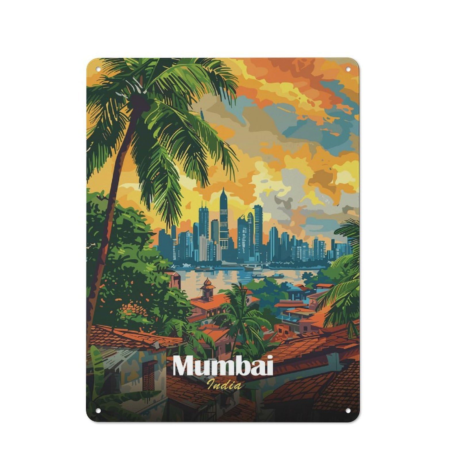 Vintage Metal Wall Art Sign 40x30cm Featuring Mumbai India Skyline Art, Old Style Wall Plaque for Kitchen, Hallway, Bar Or Small Cafe