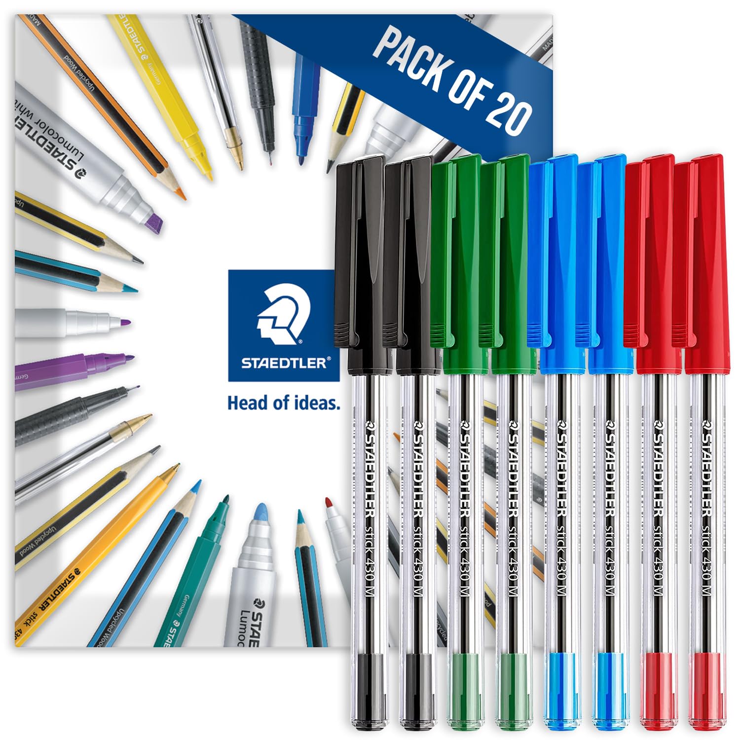 STAEDTLER 430M Stick Ballpoint Medium Pens Pack of 20 Multi