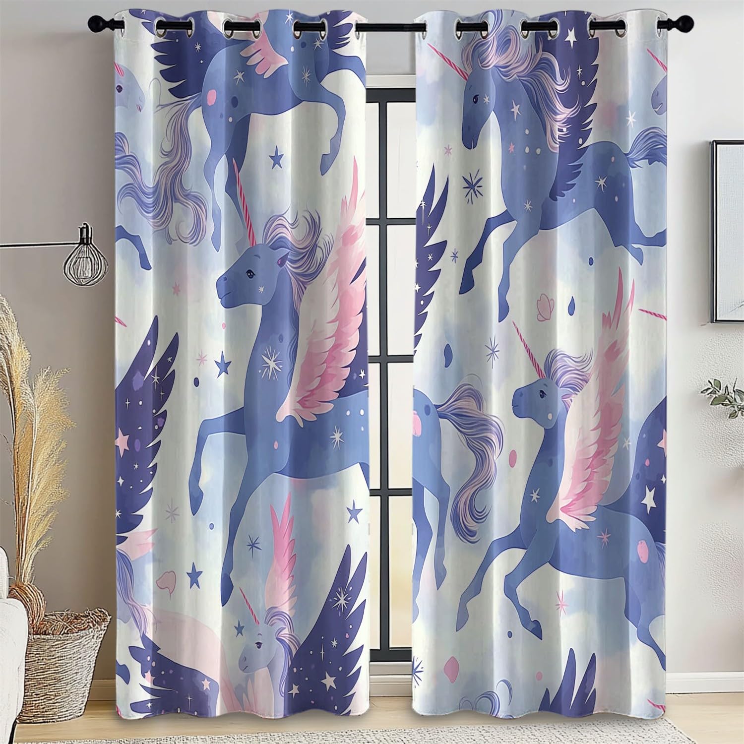 Rideau Occultant Thermiques Ailes Longues Licorne Décoration Salon Rideaux Violet Occultants De Fenêtre pour Cuisine Chambre Enfant Bureau,Fenêtre Décor 140L X 260H cm (2 Panneaux)