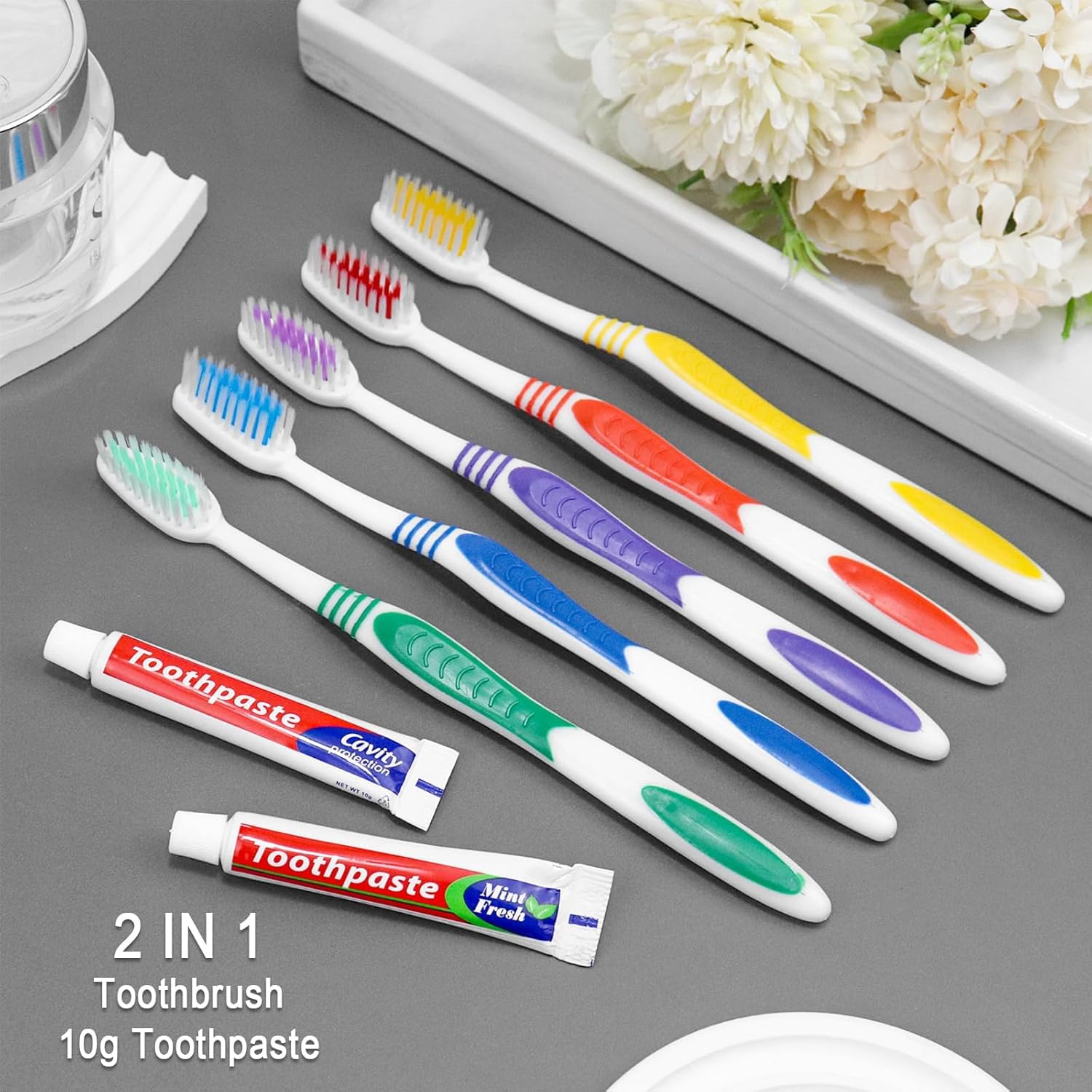 Cepillo de dientes desechable, 100 cepillos de dientes desechables con pasta de dientes, juego de cepillos de dientes de viaje de campamento Hotel empaquetado por separado (5 colores)