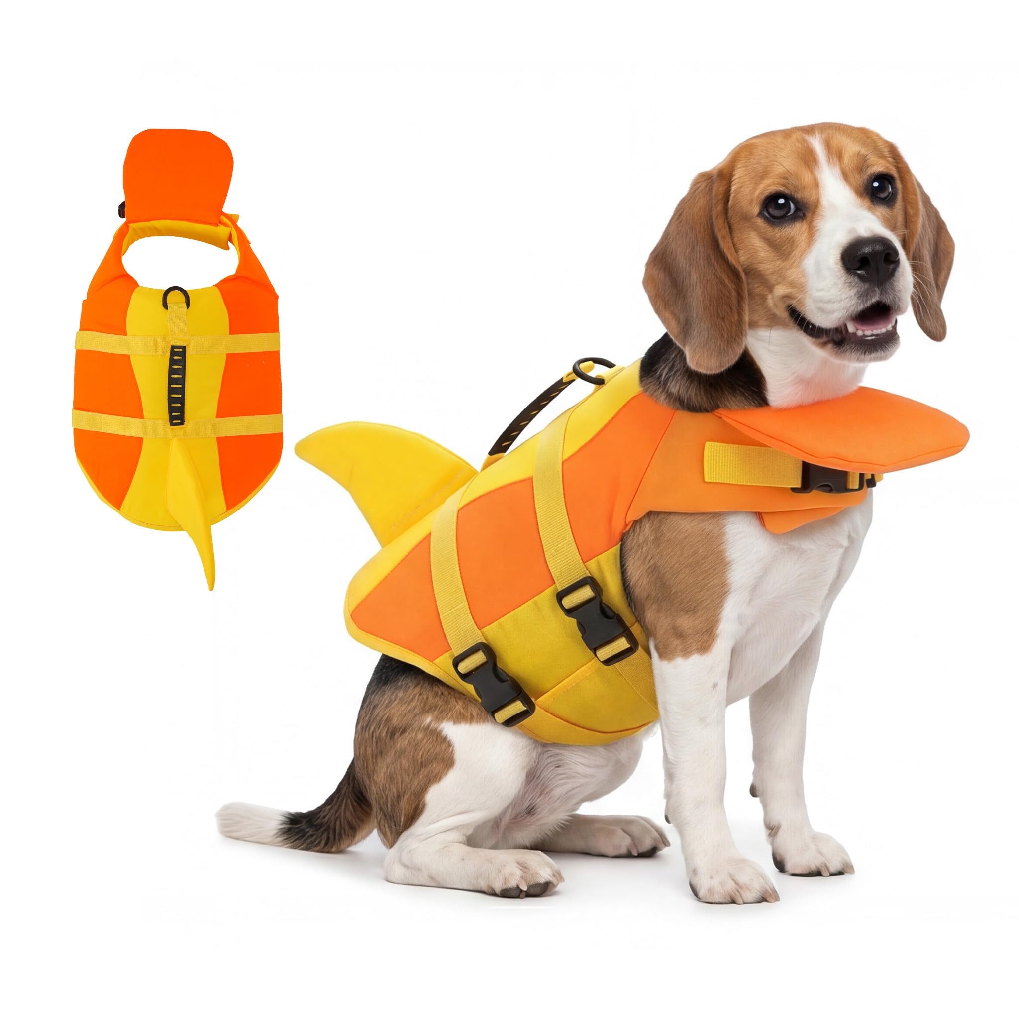 Ranphy Shark Dog Life Jacket with Chin Float, High Buoyancy Swim Vest with Rescue Handle & Lead Ring for Pool Boating Beach, Small Medium Large Dogs, Yellow, XXL