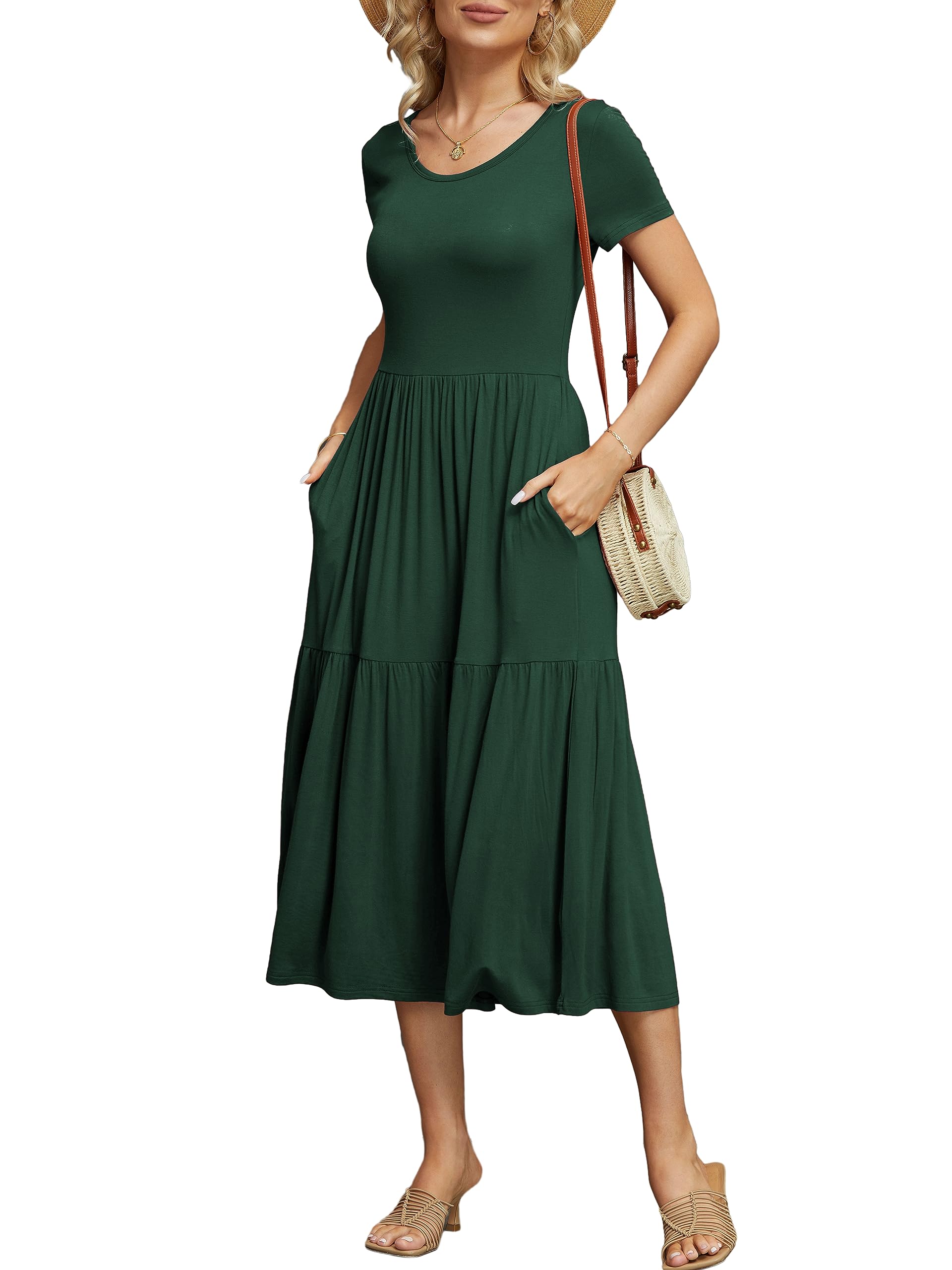 GRECERELLEWomen's Summer Maxi Dress Casual Short Sleeve Crewneck Swing Dress Tiered Beach Dresses with Pockets