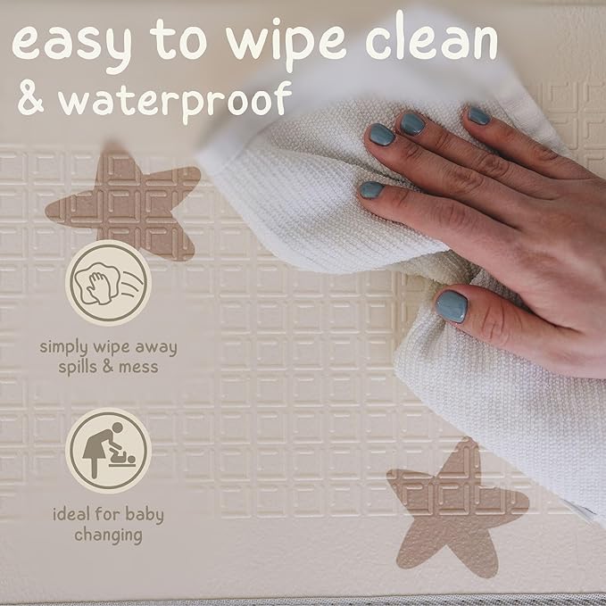 Baby Play Mat, Espuma Gruesa con Diseño de Estrellas, Plegable Impermeable (Beige Stars, 200.66x149.86 cm) miniatura 4