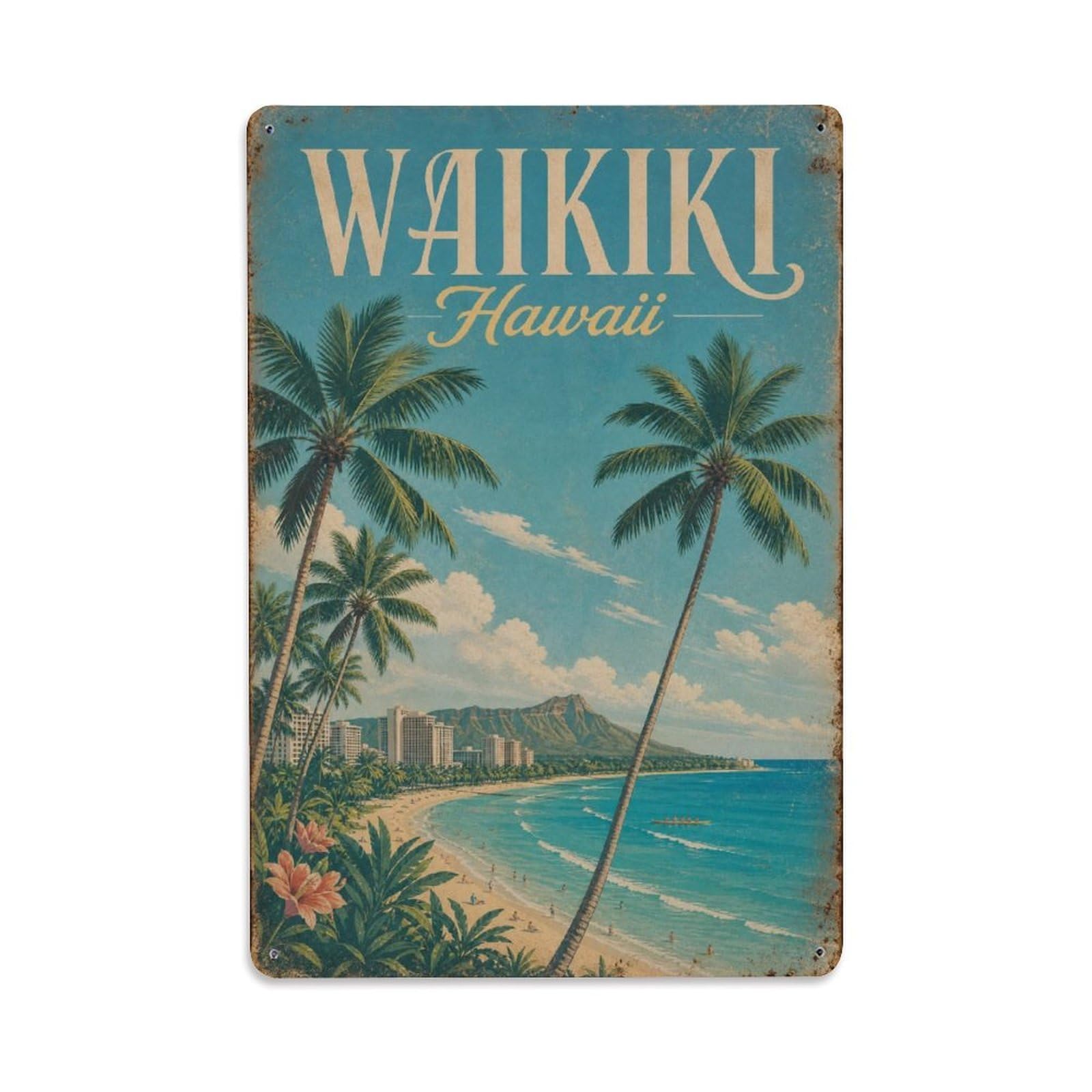 Waikiki Hawaii Beach Palm Coast Heritage Travel Retro Metal Tin Sign