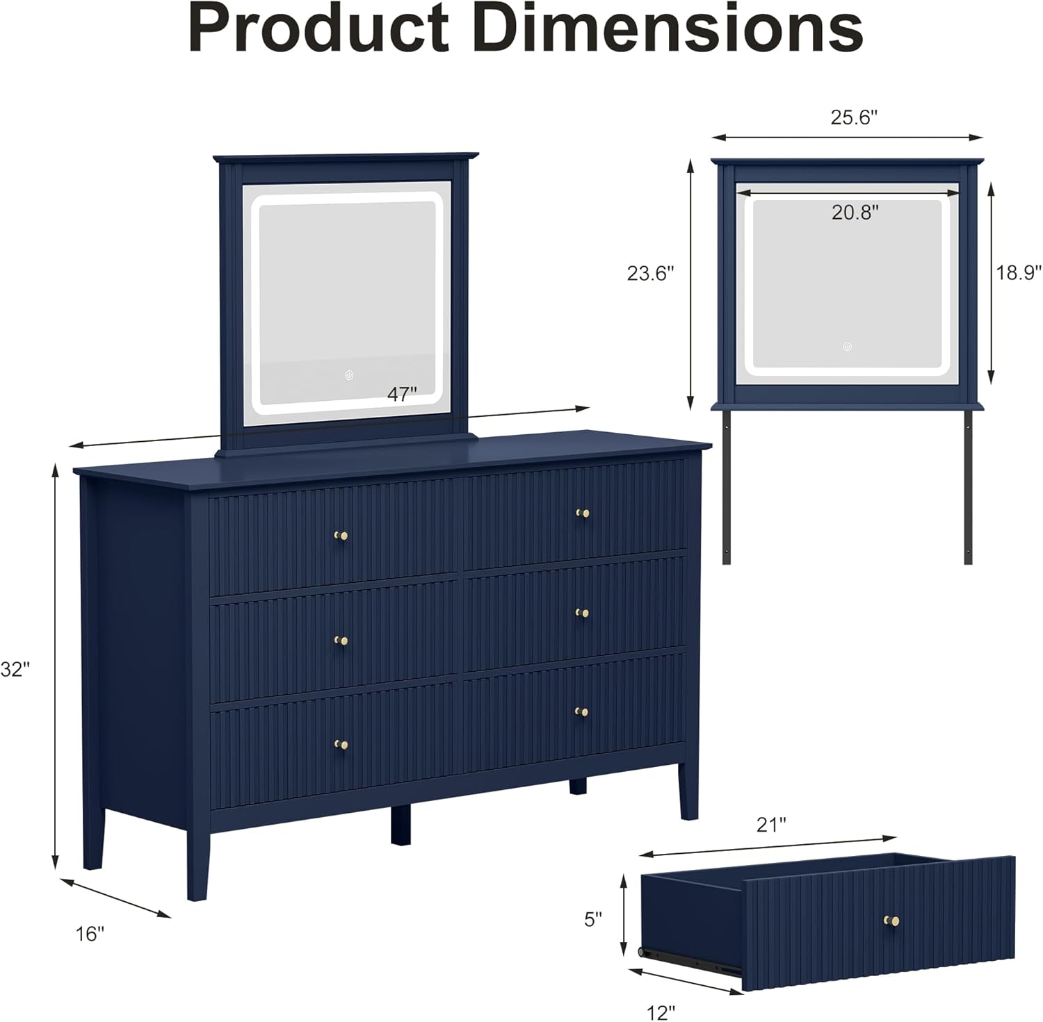 RoyalCraft 6 Drawer Dresser with LED Mirror, Fluted Wood Chest of Drawers with Metal Handle, Modern Makeup Vanity with Storage for Bedroom, Living Room, Blue