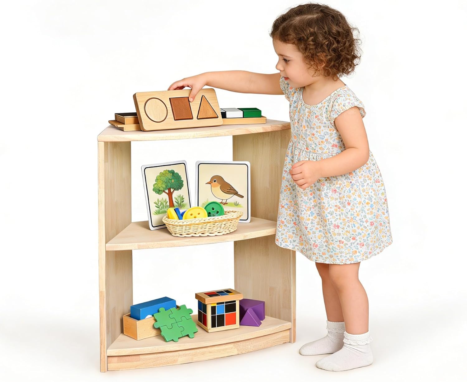 Montessori Kids 3-Tier Curved Shelf, Open-Back Toy Storage Organizer