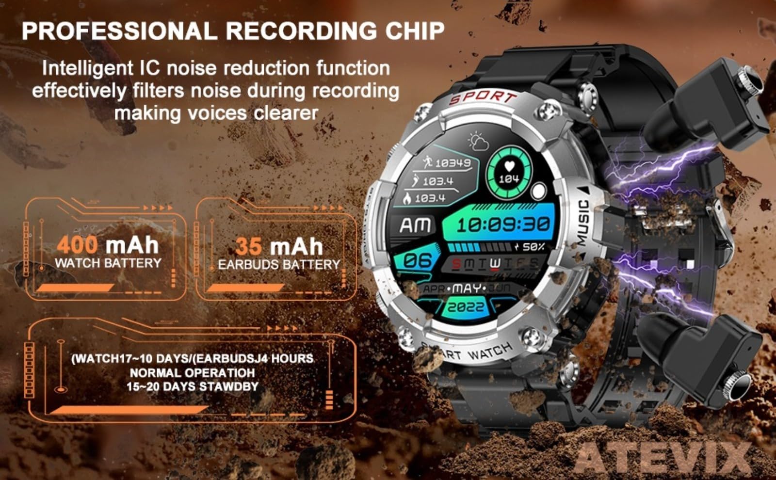 Smart Watch con tappi per le orecchie da uomo, orologio fitness rotondo da 3,9 cm, orologio Bluetooth 2 in 1, con passi, calorie, smart watch sportivo, lungo standby, adatto per iOS e Android