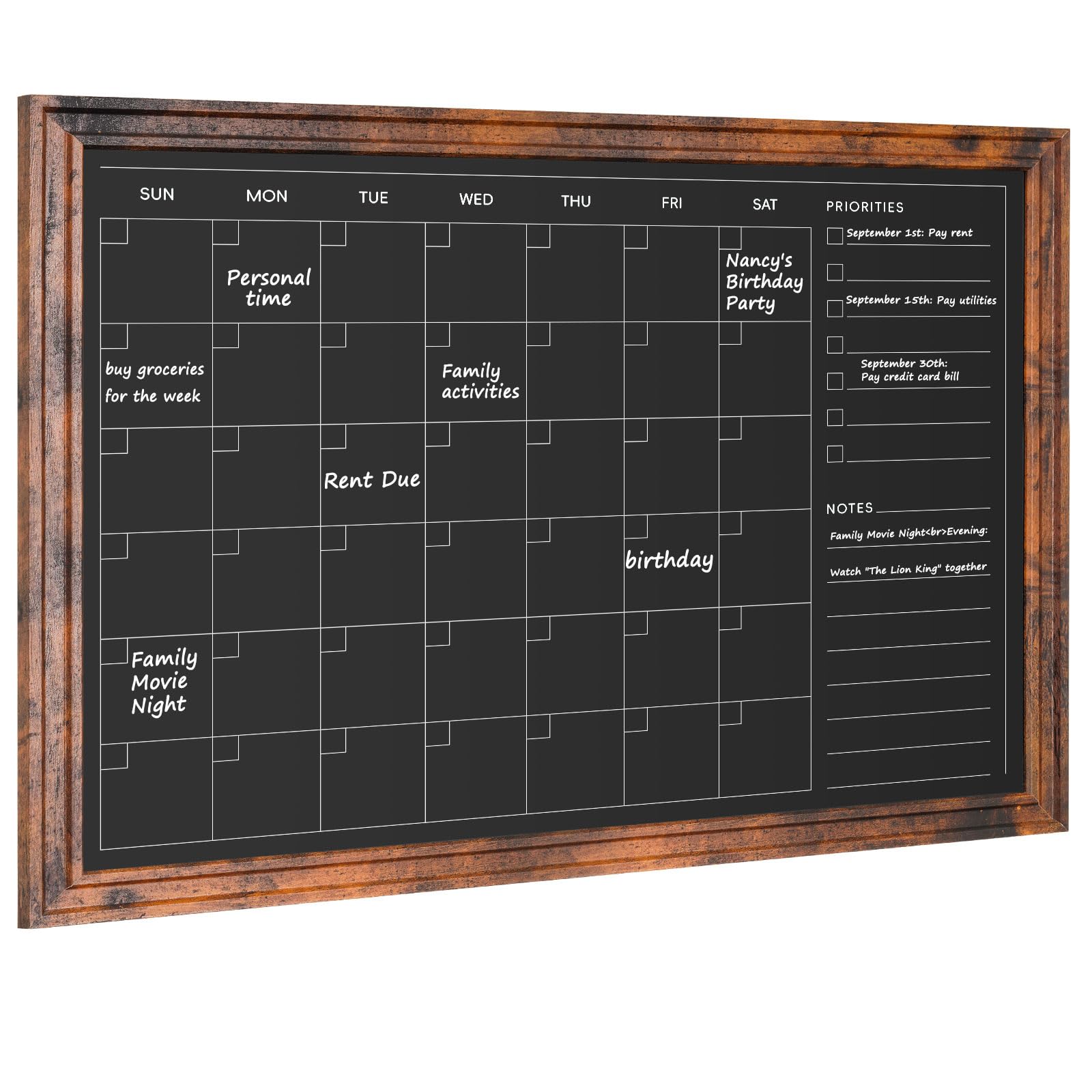 4 THOUGHT Calendario de pizarra magnética de 24 x 18 pulgadas, pizarra magnética para colgar en la pared, pizarras de tiza, tablero de menú, planificador mensual, marco marrón rústico para decoración