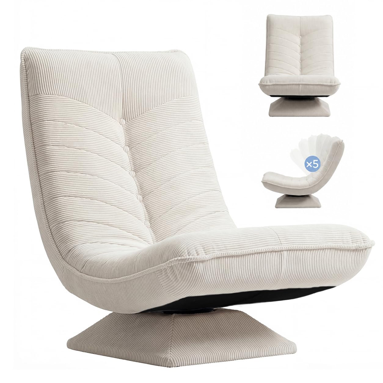 Poltrona da soggiorno con schienale regolabile, girevole a 360° | Senza montaggio, velluto a coste, cuscino da 13 cm, schienale regolabile, portata 150 kg, pieghevole salvaspazio, beige