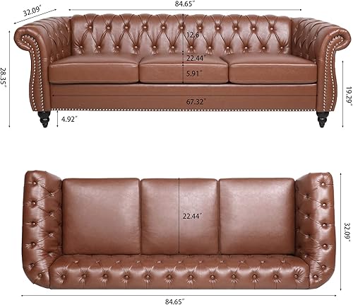 Miniatura 2 de Dvasovio Chesterfield - Sofá de cuero de lujo, sofá tapizado de poliuretano con respaldo copetudo, sofá clásico de cuero de 3 plazas con brazo