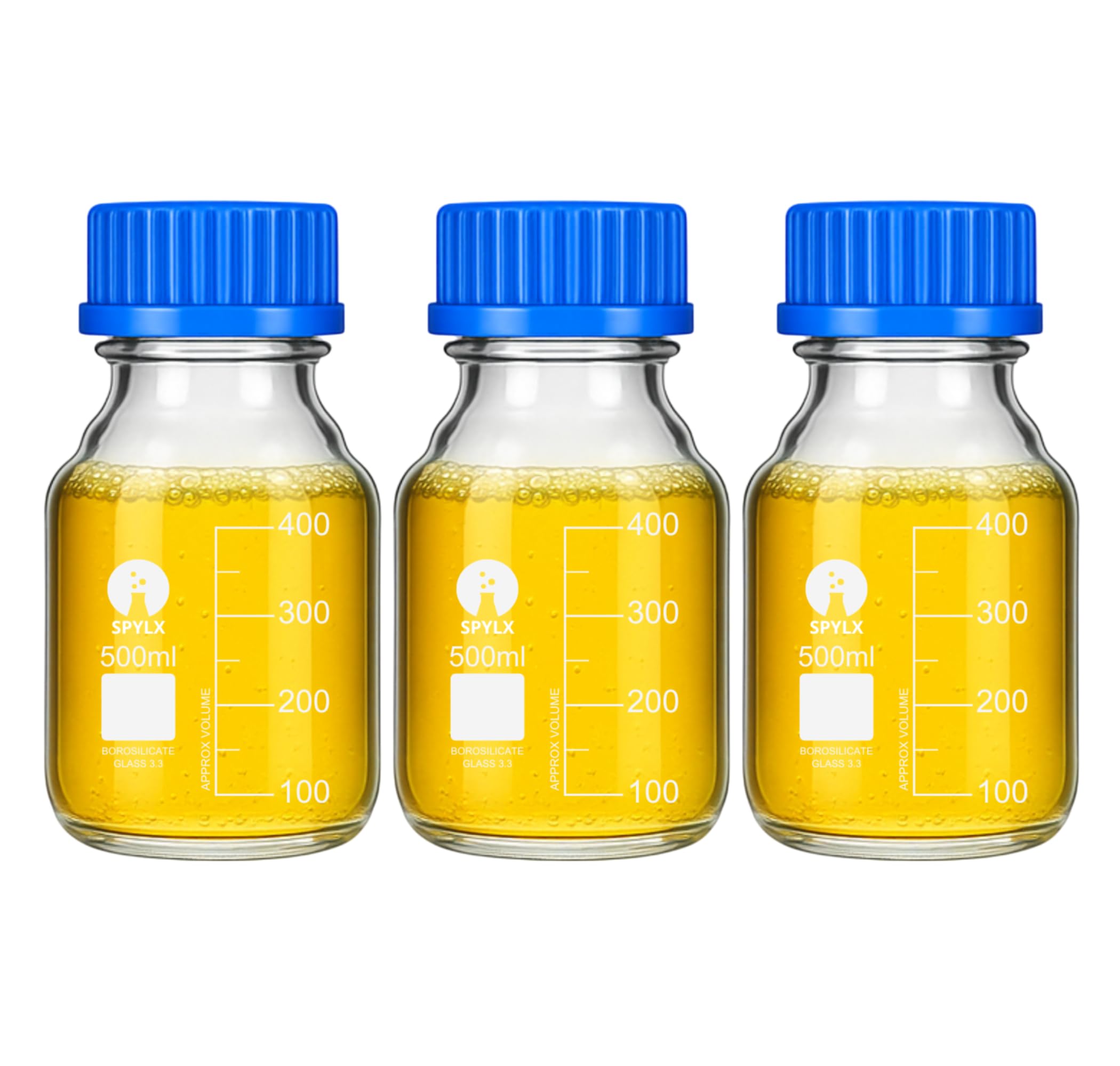 SPYLX Borosilicate Glass 3.3 Measuring Reagent Bottle 500ml With blue Screw Cap lab, Pack of 3 for laboratory and professional use