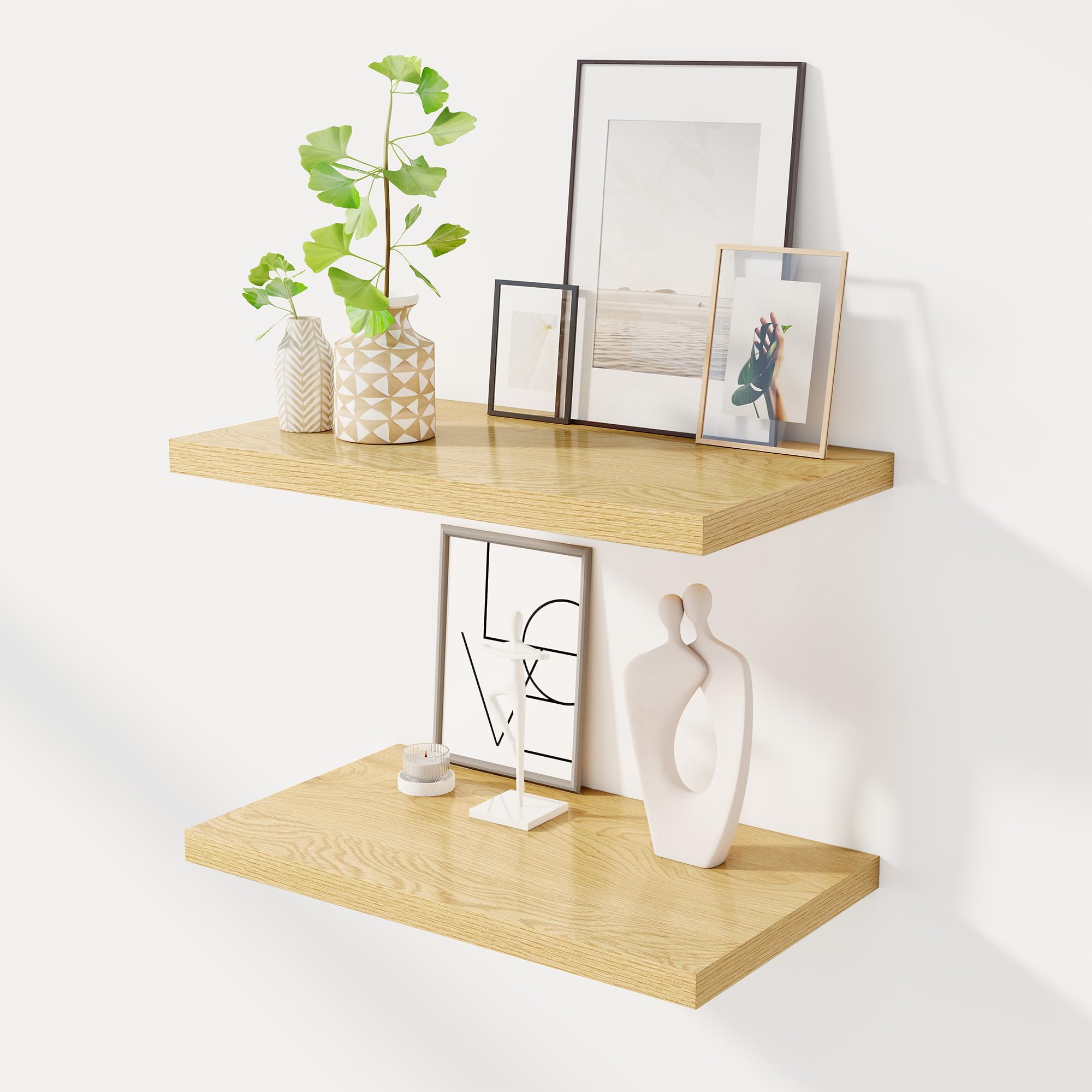 Dreamland 24" Floating Shelves for Wall, 12" Deep Slim Oak Floating Shelves, Wall-Mounted Shelves for Bedroom, Living Room, Kitchen, Bathroom - Set of 2