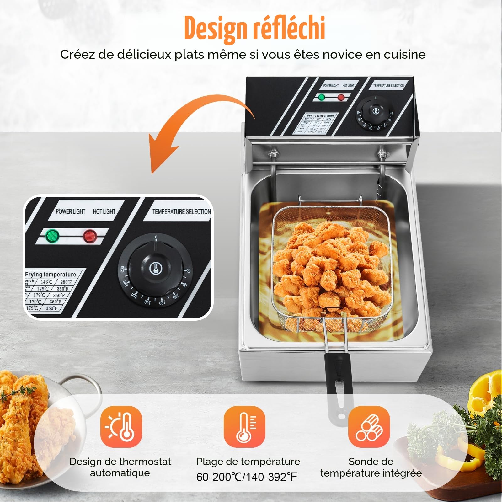 Friteuse électrique avec une capacité de 6 l - 2500 W - En acier inoxydable - Avec technologie de zone froide - Panier friteuse de cuisine de 60 à 200 °C - Régulateur de température indépendant