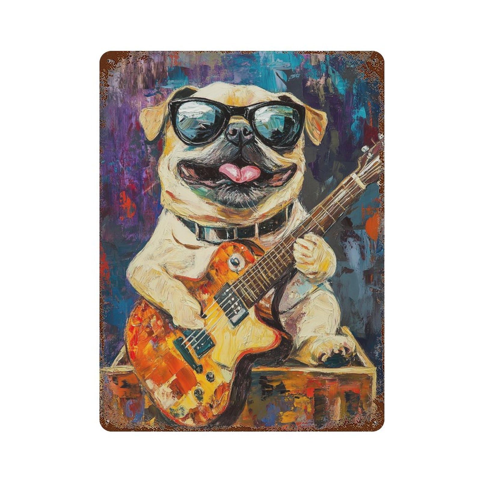 Decorative Tin Sign with Abstract Pug Playing Guitar Art Print Design 15.7"x11.8", for Basement, Hobby Room And Garage Decor, Farmhouse Wall Decor