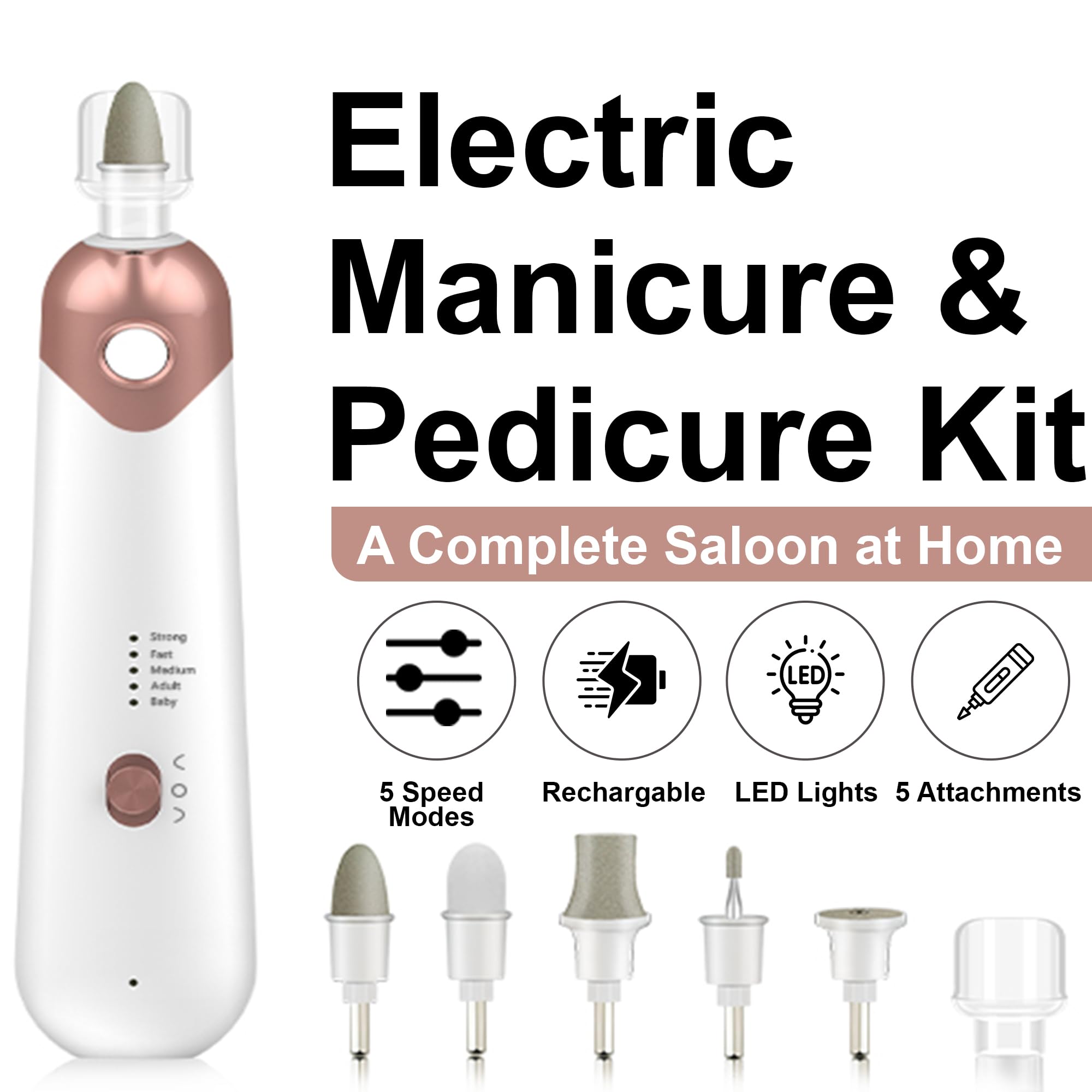 Electric Nail Drill, Portable Manicure and Pedicure Set including 6 Drill Bits, Adjustable 5 Speed LED Light - Image 2