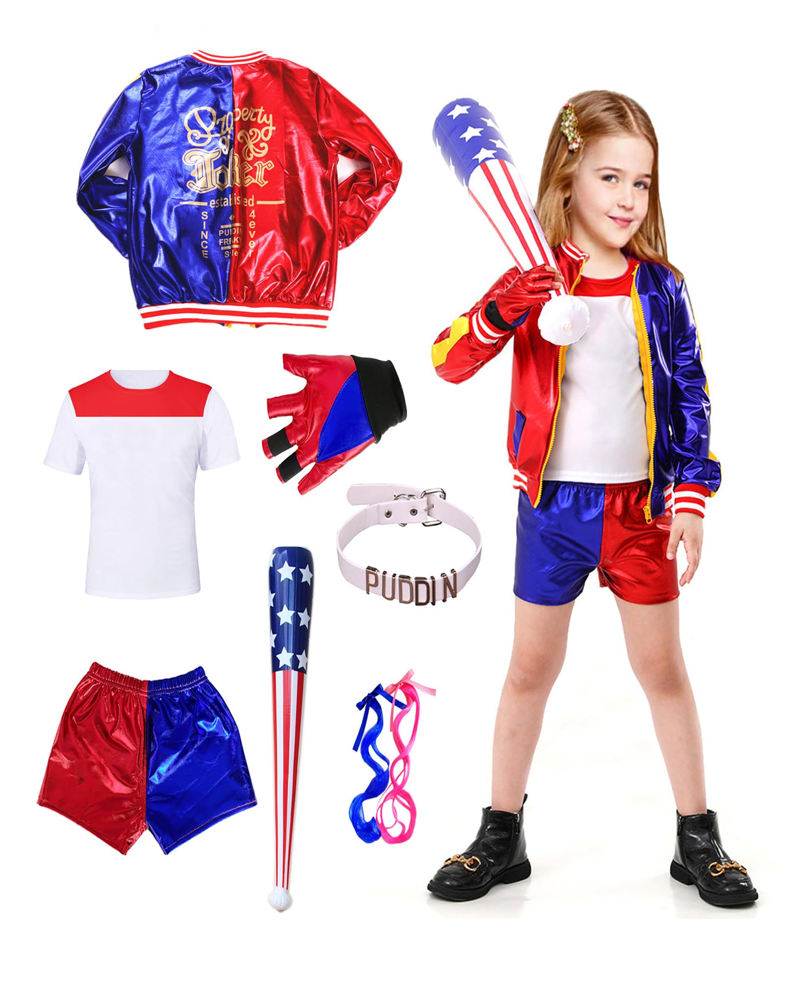 Disfraz de Harley Quinn para niño, Harley Quinn, con peluca Harley Quinn, chaqueta guante de bate, collar de disfraz de Halloween para niña, disfraz de carnaval, niño, disfraz de Joker infantil, para