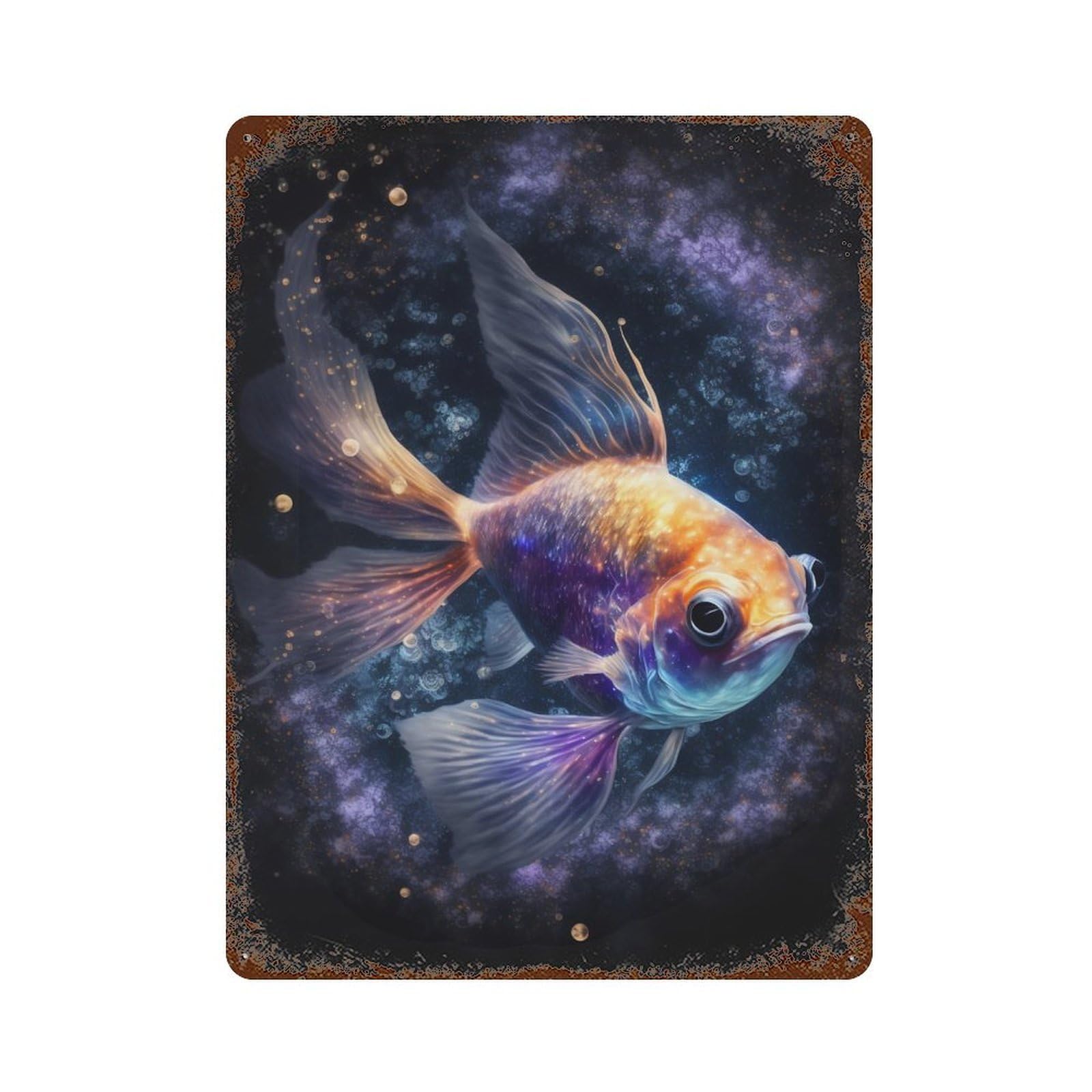 Vintage Rust Metal Sign Galactic Goldfish Art Print 15.7"x11.8", Vintage Wall Decor for Office, Studio And Wall Decor