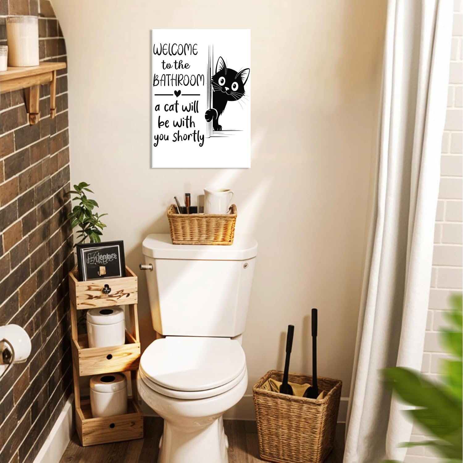 HNNXAR Funny Cat Bathroom Wall Art,Welcome To The Bathroom A Cat Will Be With You Shortly Paintings Posters,Black and White Funny Canvas Pictures Prints,Cute Black Cat Wall Decor 16x24in image 3