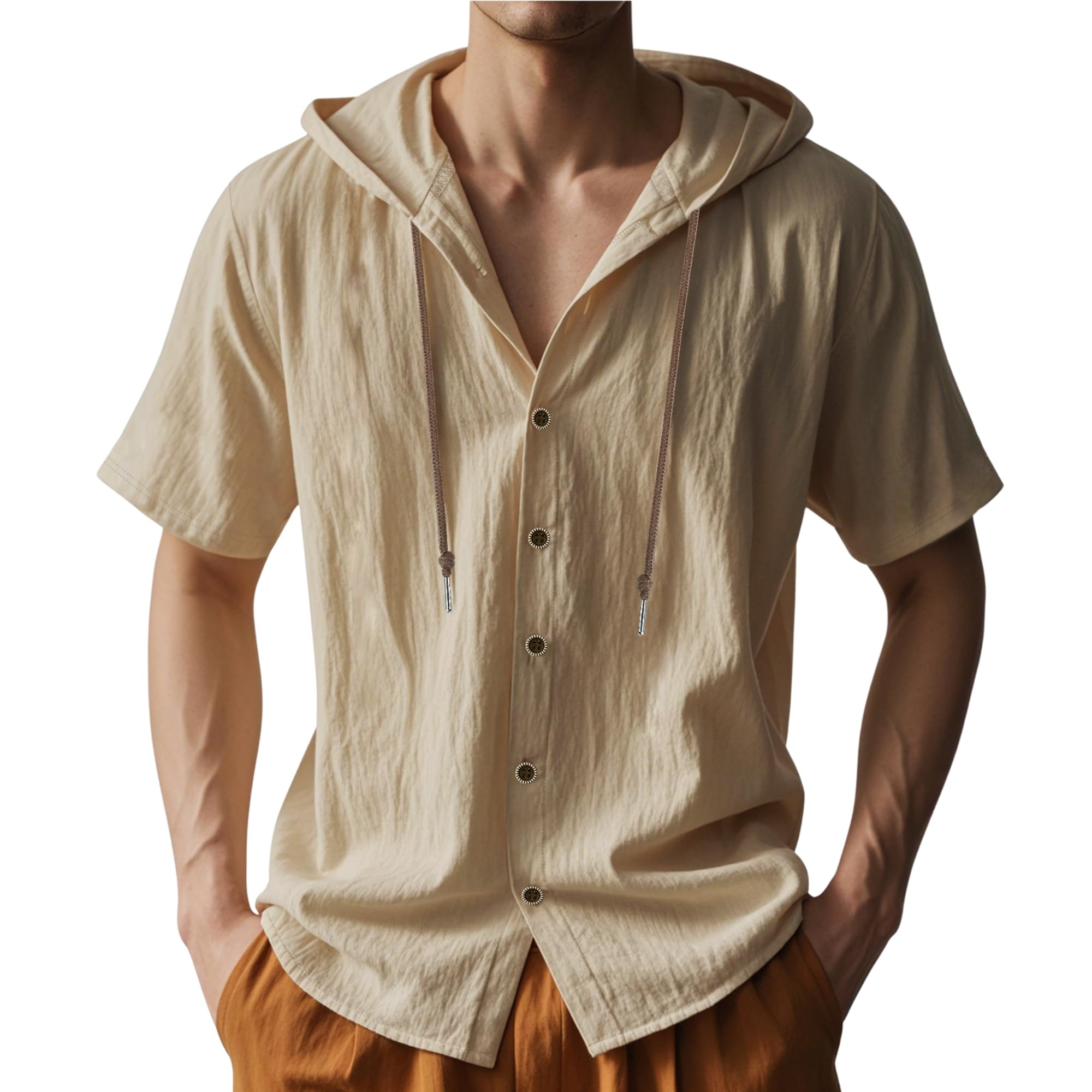 BIVENANT Mens Linen Hooded Shirts Short Sleeve Button Down Solid Loose Fit Lightweight Summer Beach Casual Tops 2025