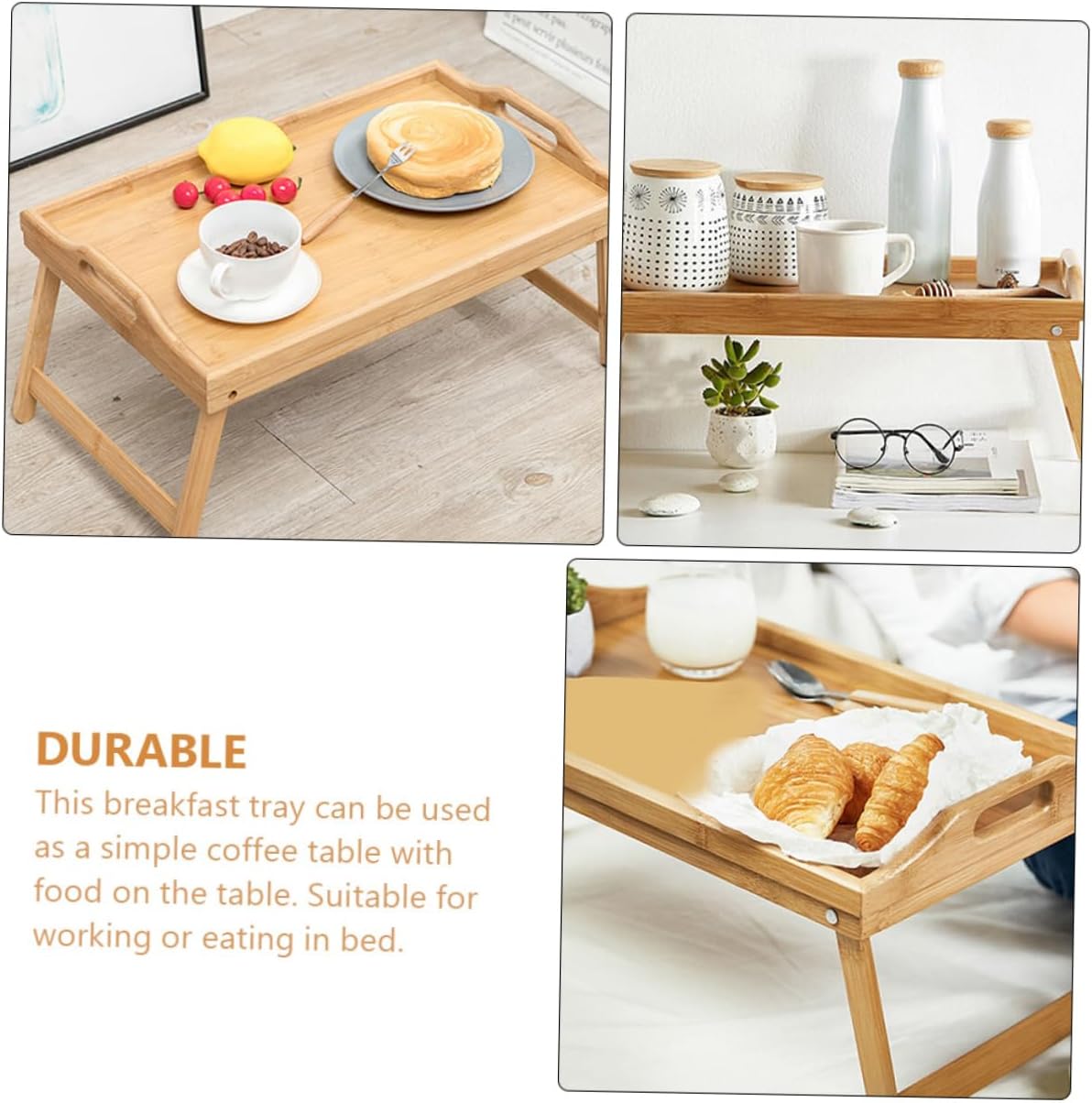 Multifunctional Folding Bed Tray Handles 21cm Height Adjustable Legs Bamboo Serving Tray for Eating and Working in Bed