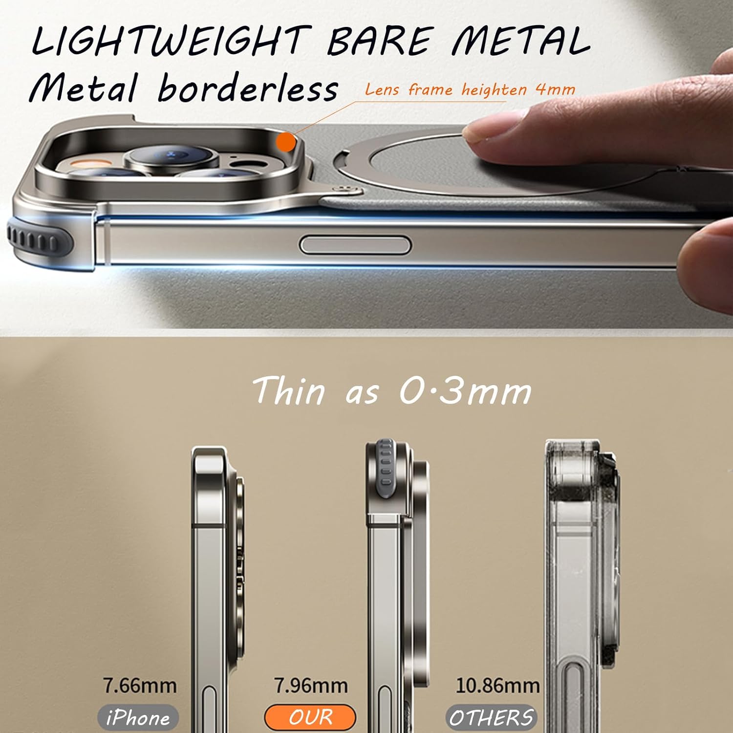 Genuine Leather Case for iPhone 15 Pro Max/15 Pro, [Compatible with MagSafe] Magnetic Ring Holder Ultra-Thin Frameless Aluminum Alloy Metal Anti-Scratch Protective Case