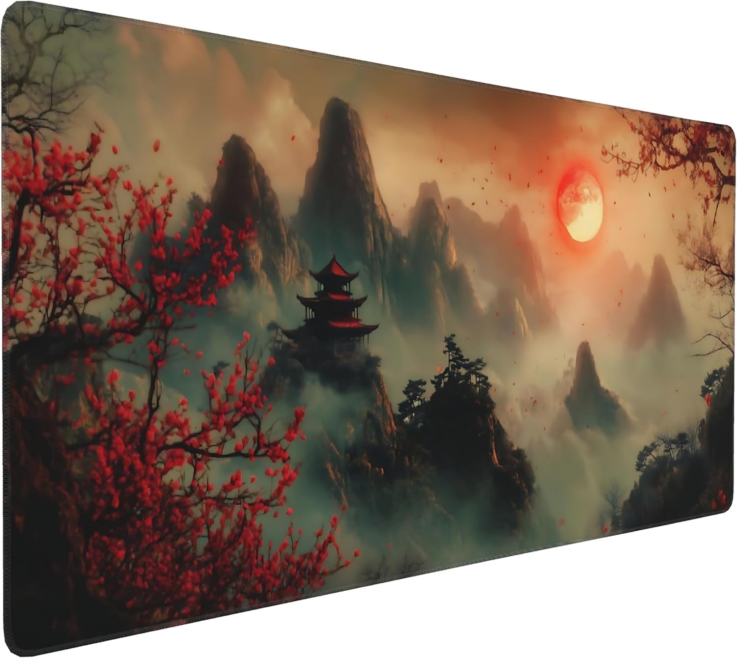 Aesthetic Scenery Gaming Mouse Pad, Green Red Japanese Desk Mat with Anti-Slip Base & Stitched Edges, Office Supplies & Desk Decor for Women, 35.4" x 15.7" in Home Office Essentials