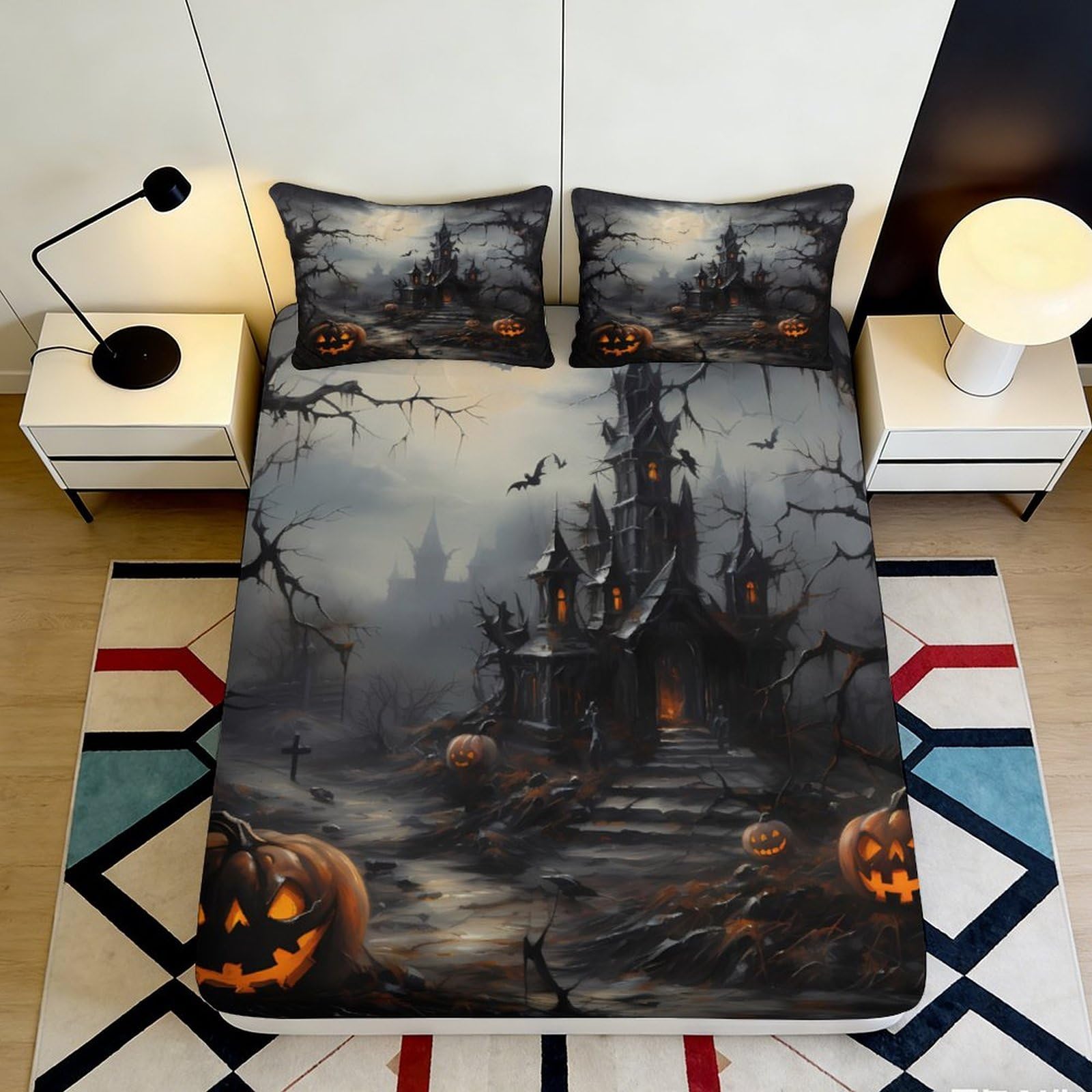 3D Printed Haunted Castle Fitted Sheet Microfiber Black Pumpkin Mattress Cover for Bedroom Guest Room Decor Washable 90x200x25cm