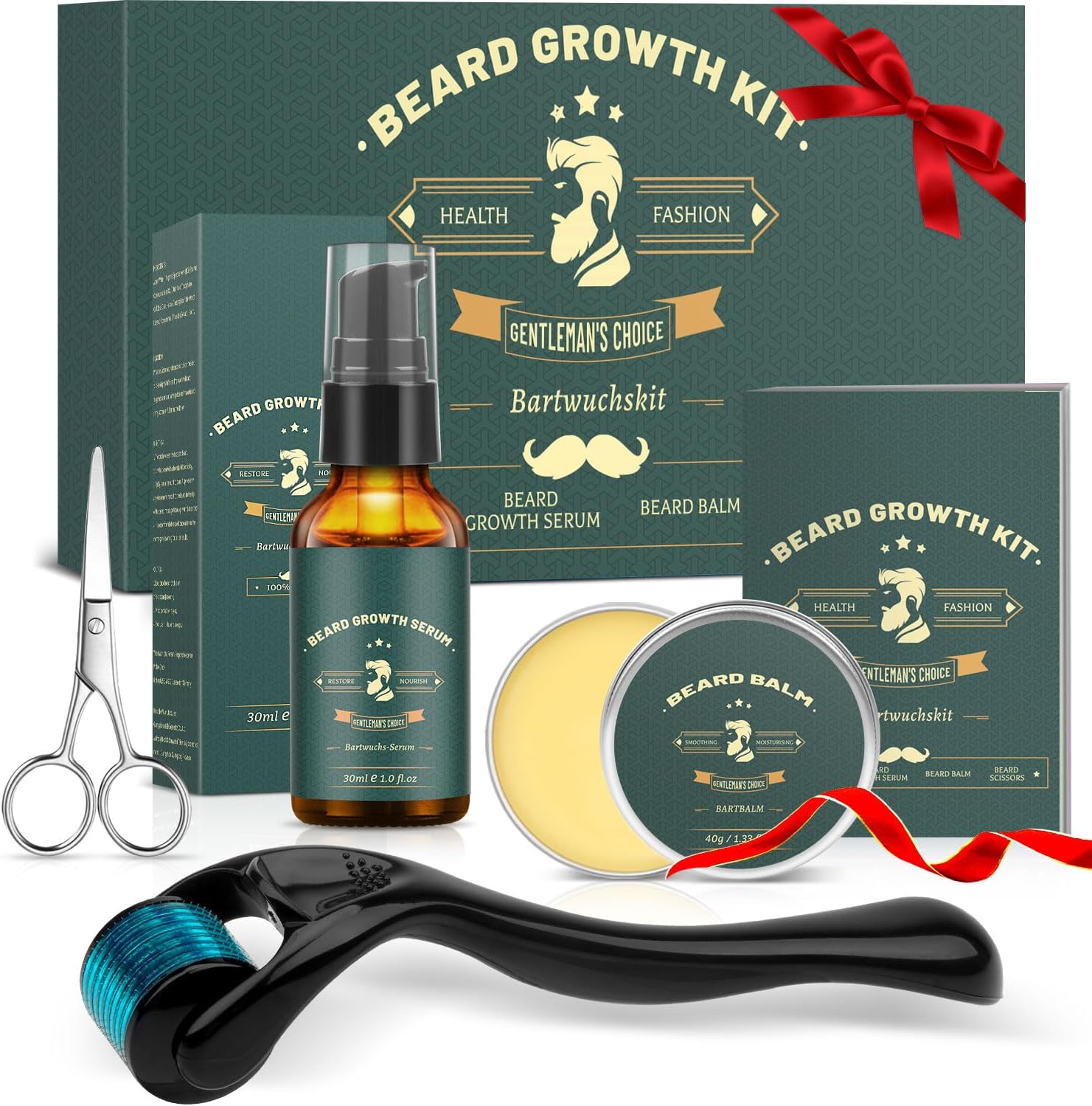 Beard Growth Kit, Upgraded Beard Roller for Growth, with Beard Serum, Beard Balm, Beard Scissors, Storage Bag, Beard Care Kit Professional Beard Grooming Kit Birthday Father's Day Gifts for Men Him