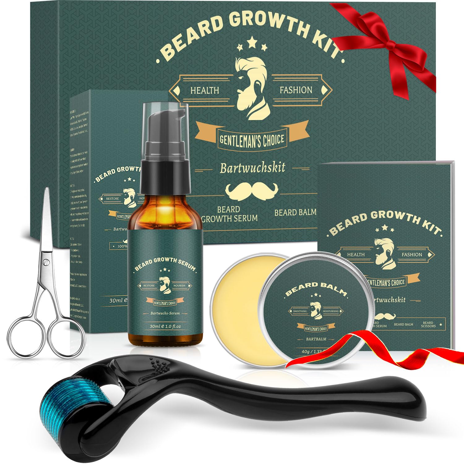 Beard Growth Kit, Upgraded Beard Roller for Growth, with Beard Serum, Beard Balm, Beard Scissors, Storage Bag, Beard Care Kit Professional Beard Grooming Kit Birthday Valentine's Day Gifts for Men Him