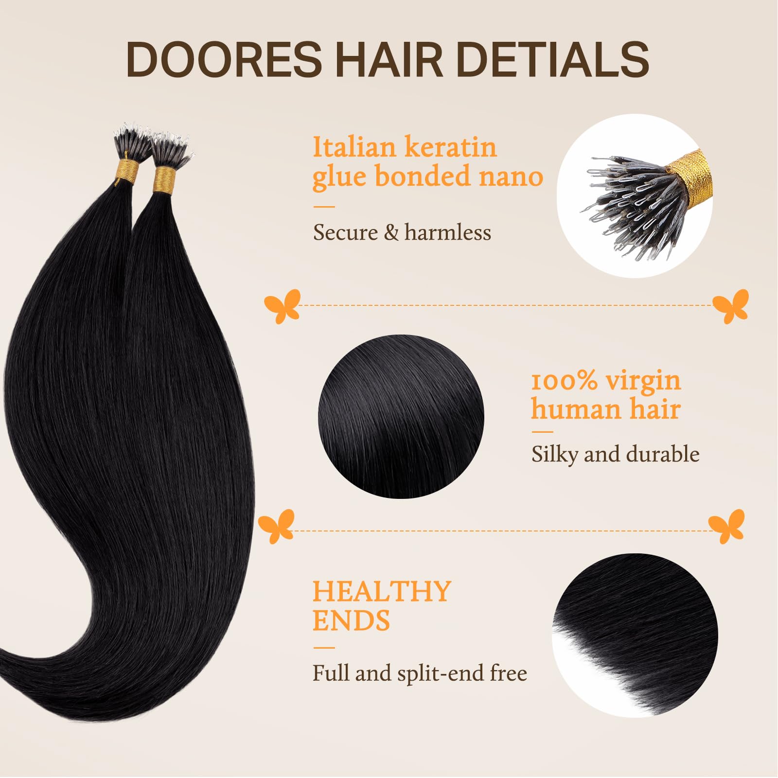 DOORES Nano Hair Extensions Real Human Hair, Jet Black 14 Inch 50g 100s, Cold Fusion Nano Beads Hair Extensions Lightweight - Image 3