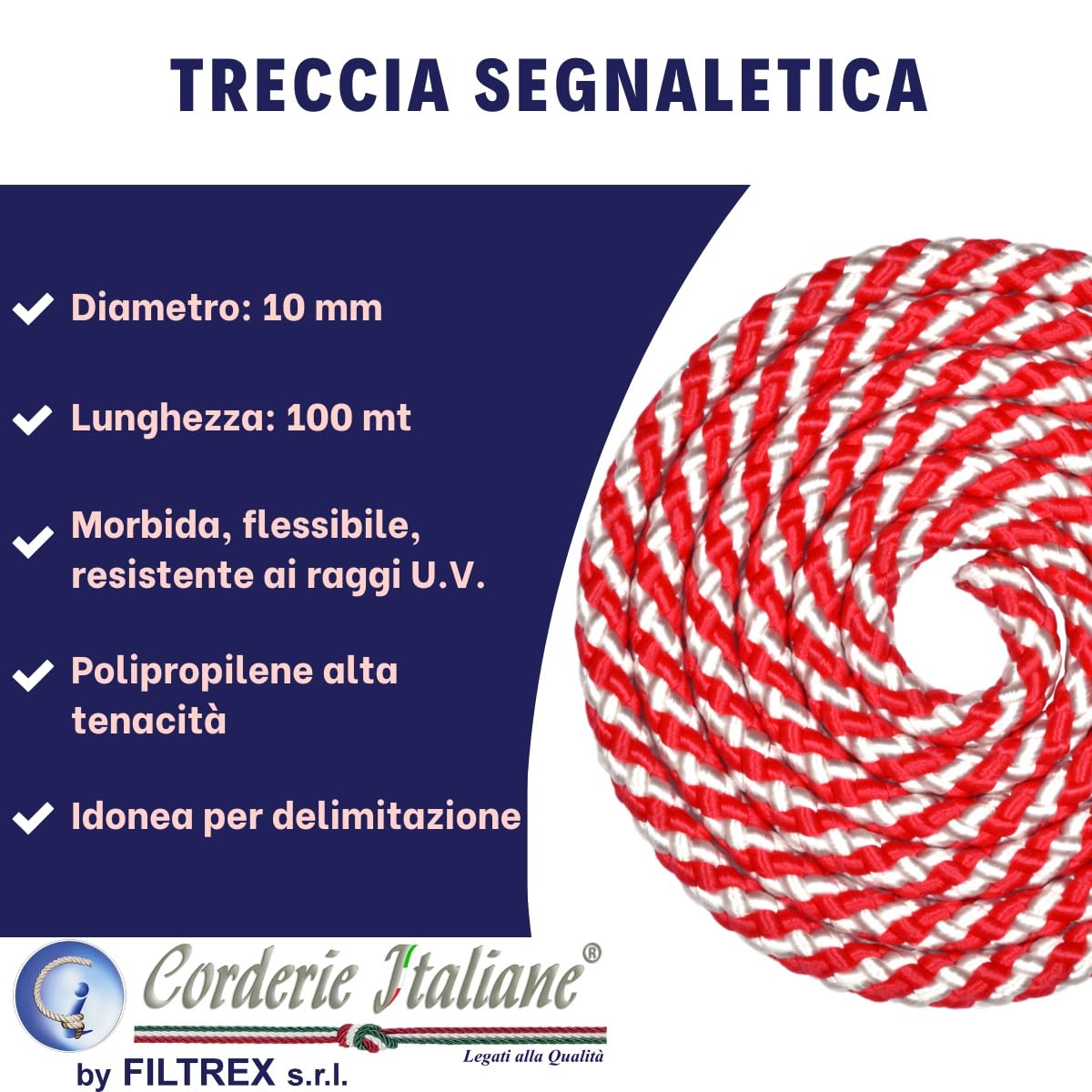 Corderie Italiane, 006024668, Treccia segnaletica bianco/rossa 10 mm - 100 mt