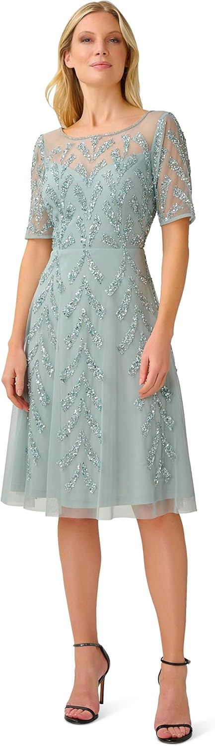 Adrianna Papell Womens Beaded Midi Dress