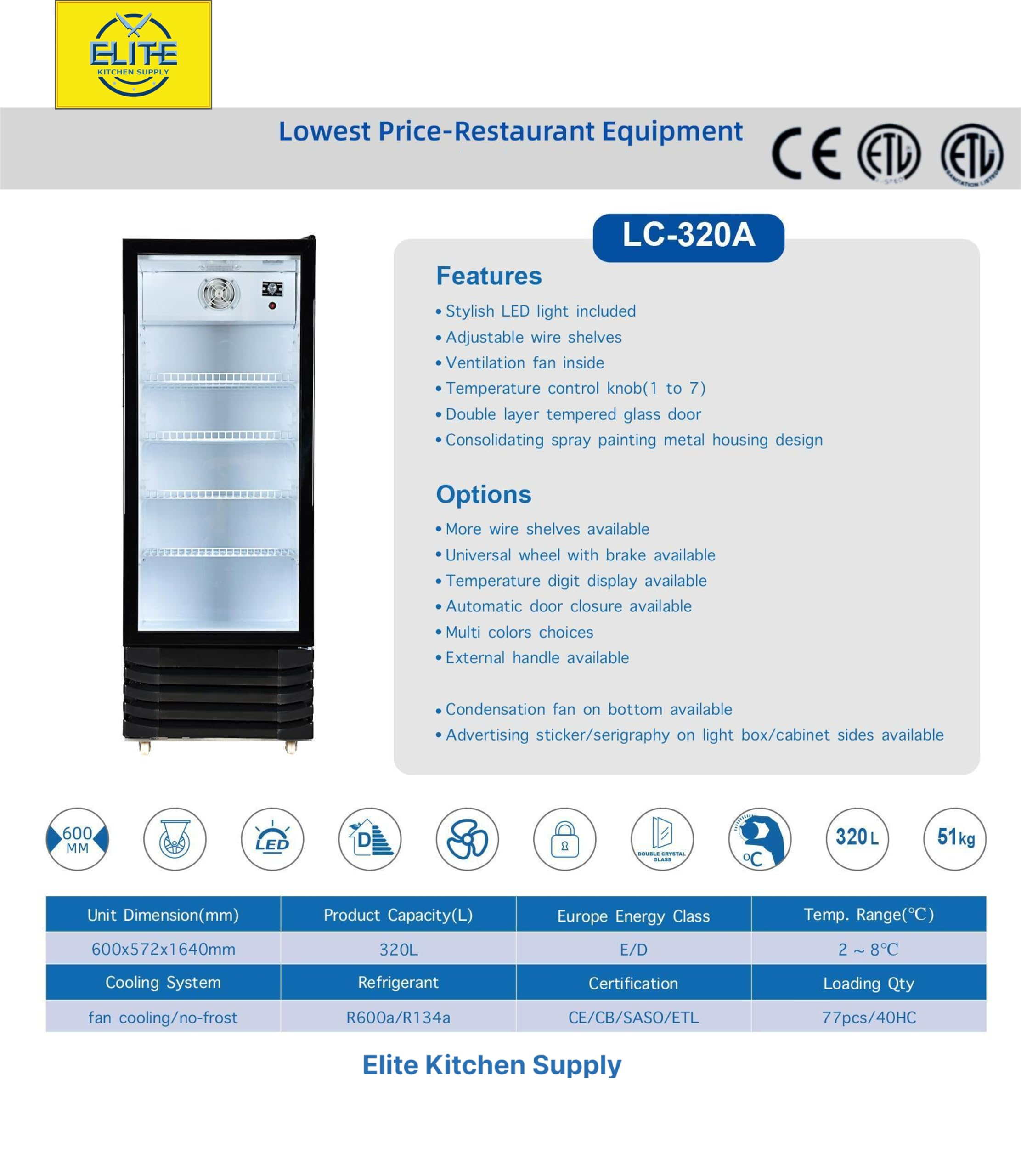 Commercial Glass Door Refrigerator, ETL Fridge Cooler Merchandiser, 64