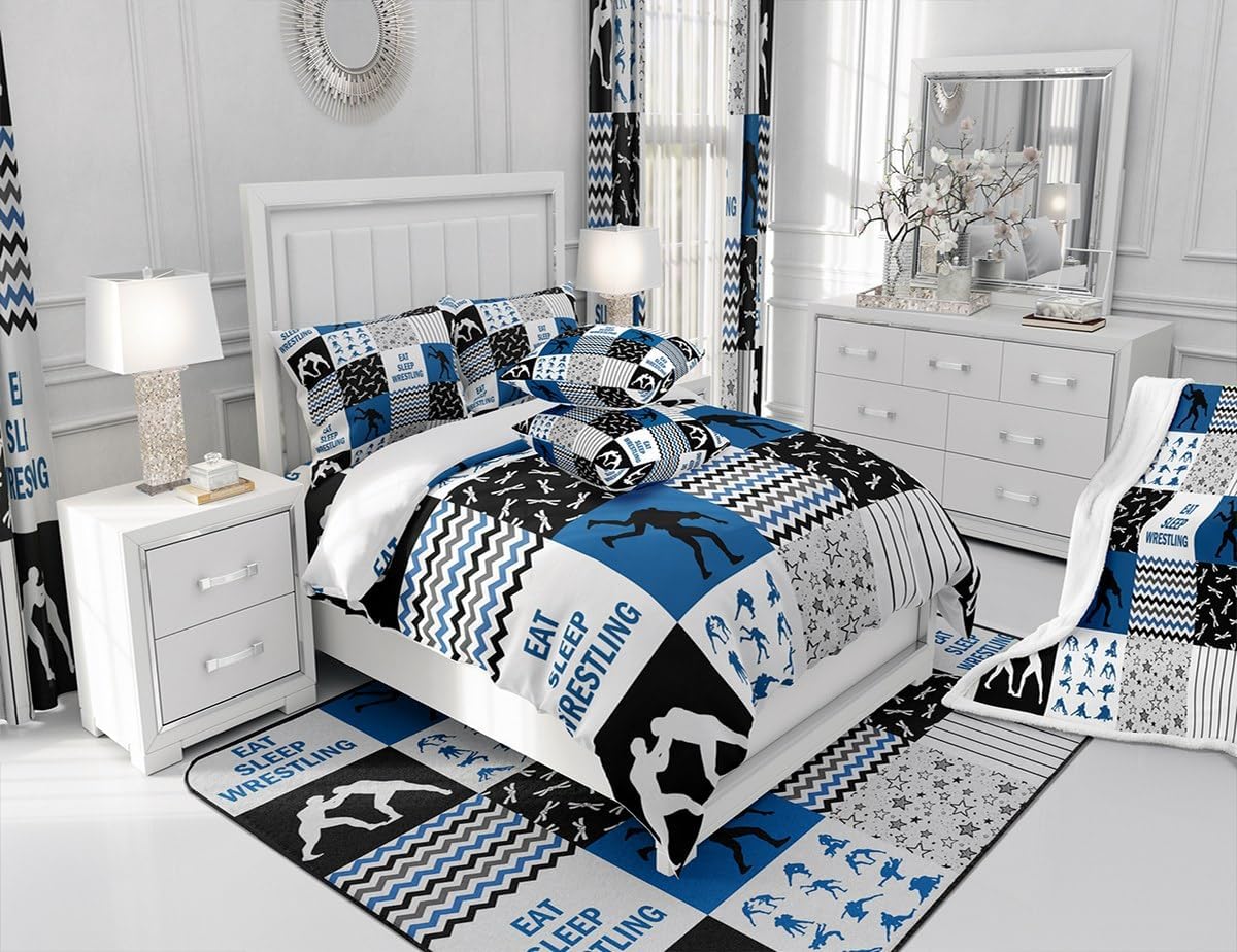 Wrestling Duvet Cover Set Queen Size,Wrestler Men Boys Sport Bedding Set for Kids Teens Adult Room Decor,Navy White Black Patchwork Plaid Comforter Cover Striped Stars Grid Quilt Cover,2 Pillowcases