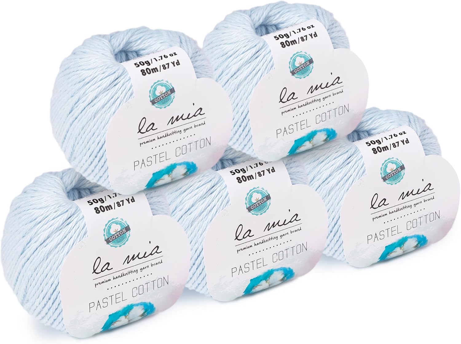 La Mia Pastel Cotton, 5 Ball 100% Cotton Yarn, Total 8.8 Oz, Each 87 Yrds (80 m) - 1.76 oz (50g) Soft, Worsted, Afghan, Aran, Pastel-Blue - L054