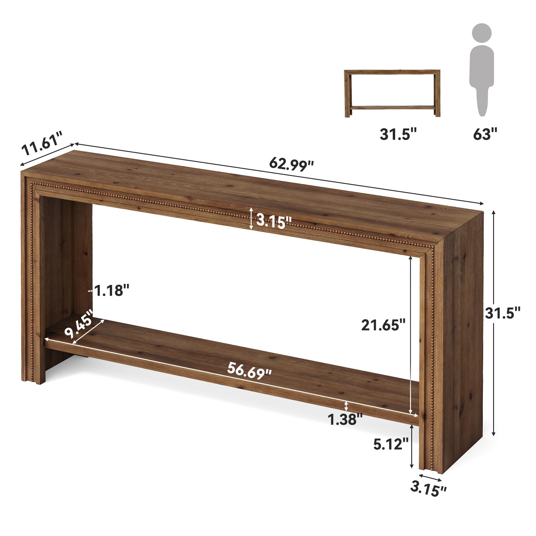 Stół konsolowy z litego drewna 160 cm, rustykalny do przedpokoju z 2 półkami, wąski stół za kanapę do salonu, przedpokoju, korytarza, prosty montaż, brązowy