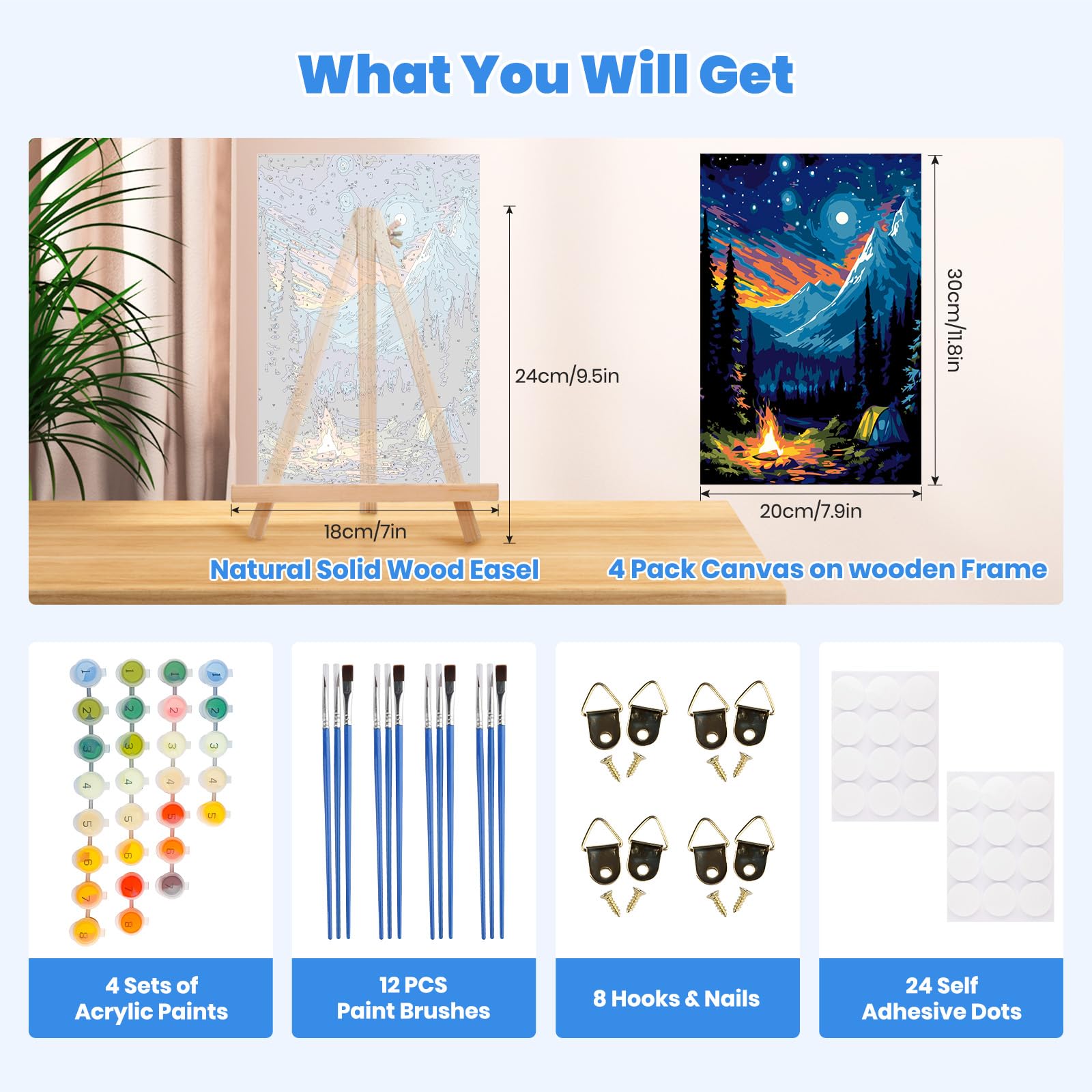 Confezione da 4 kit per dipingere con i numeri, per adulti e principianti, con tela incorniciata e cavalletto, kit fai da te per adulti per pittura con i numeri, olio acrilico, paesaggi montani, kit