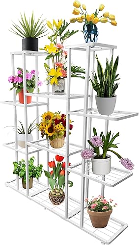 Miniatura 9 de Soporte grande de metal para plantas de 4 niveles y 11 macetas para interiores y exteriores, estante para macetas, color gris carbón
