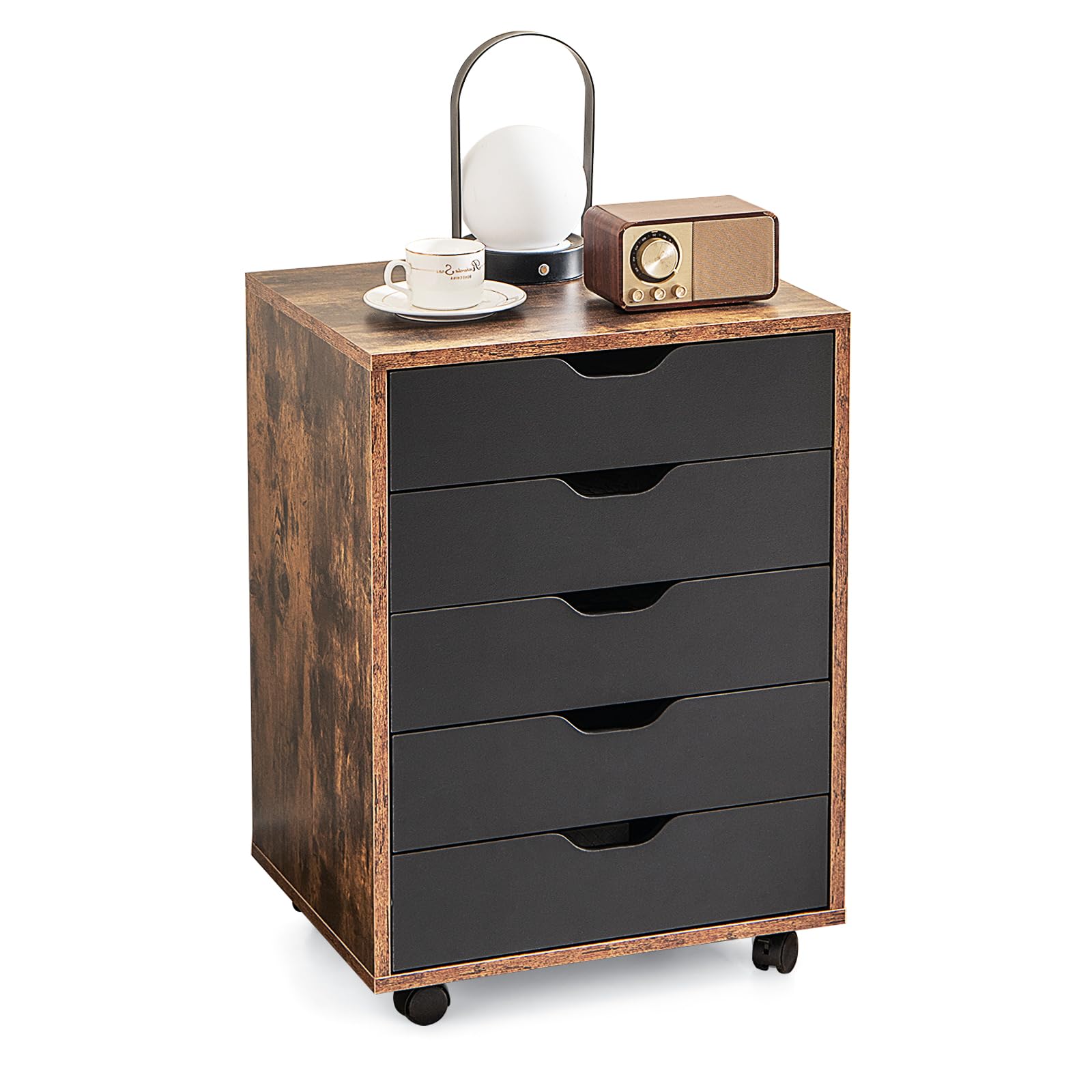 KOMFOTTEU Commode à 5 Tiroirs, Caisson de Rangement Mobile avec 4 Roulettes Universelles, Classeur Vertical en Bois, pour Salon, Chambr, Bureau, Étude, 49 x 42 x 66 cm (Marron rustique)