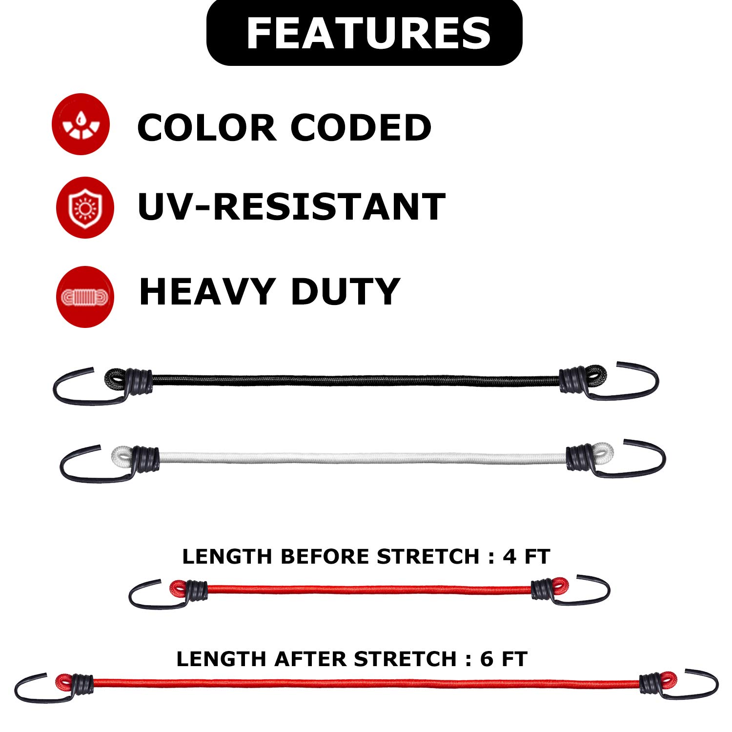 AQBAH High Strength Elastic Bungee/Shock Cord Luggage Tying Rope with Hooks 4ft (Color May Vary) -Set of 6 — Amazon image 5