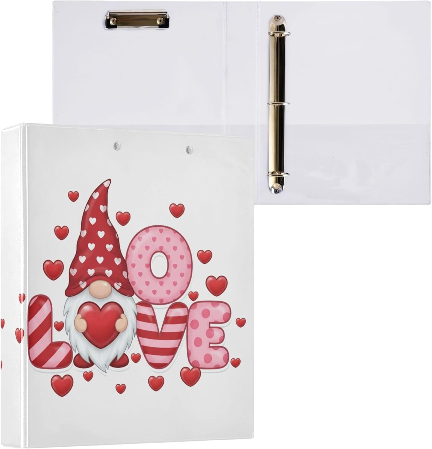 Cute Valentine's Day Dwarf 3 Ring Binders, 1.5” Round Ring Binders with Clipboard - Letter Size, 3 Interior PVC Clear Pockets & Anti-Slip Clip for Office School Supplies, 2PCS