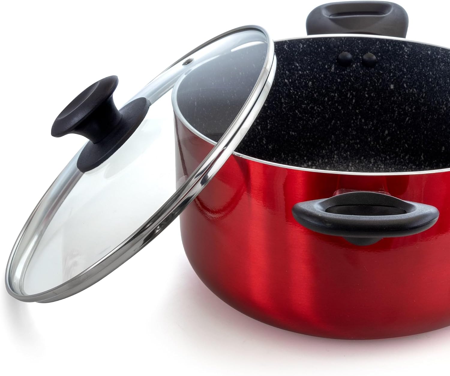 Red Dutch oven with lid removed, showing nonstick interior