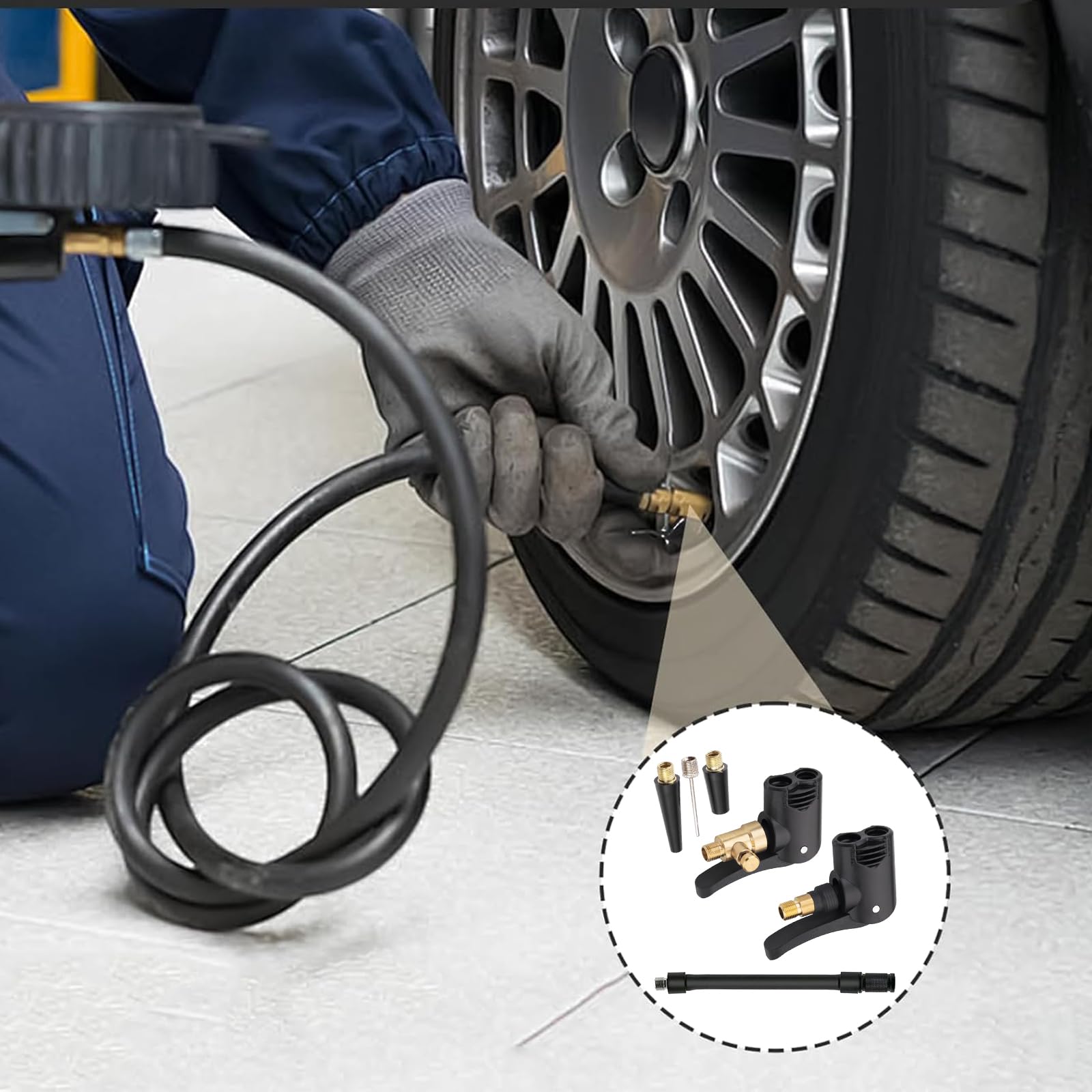2 raccordi a Leva in Ottone per valvole Auto, Adattatore compressore per valvole Pneumatici Bici (Due raccordi + Tubo Nero da 16 cm + Accessori)
