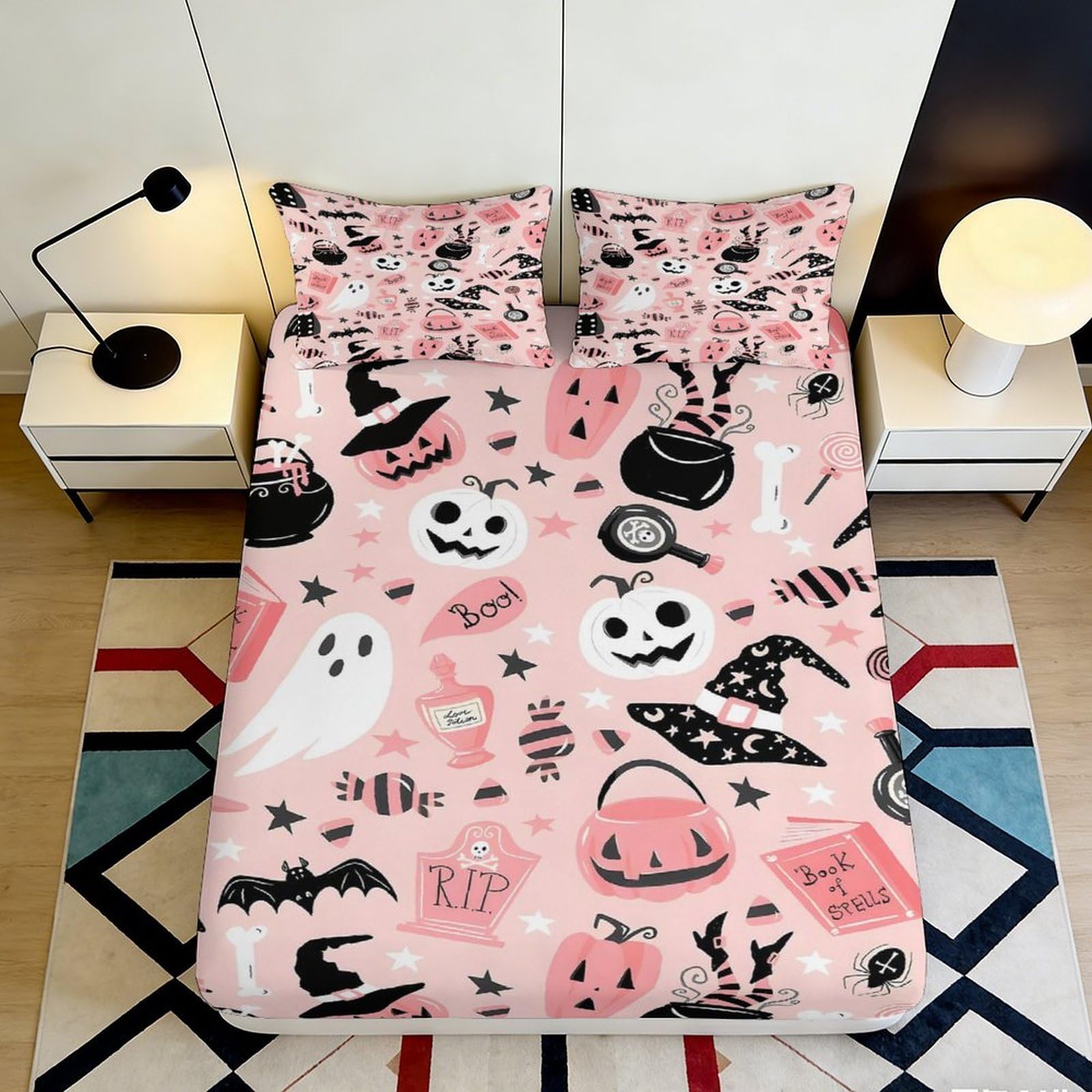 Jqzkxnhpbr Style-1 3D Printed Halloween Ghost Fitted Sheet Microfiber Pink Pumpkin Mattress Cover For Bedroom Dorm Decor Washable 90X200x25cm