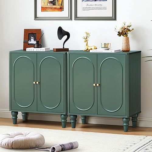 ORRD Gabinete de Almacenamiento Acanalado, Aparador Moderno Credenza de Madera con Acento Buffet, Juego de 2 con Estantes Ajustables y Patas de