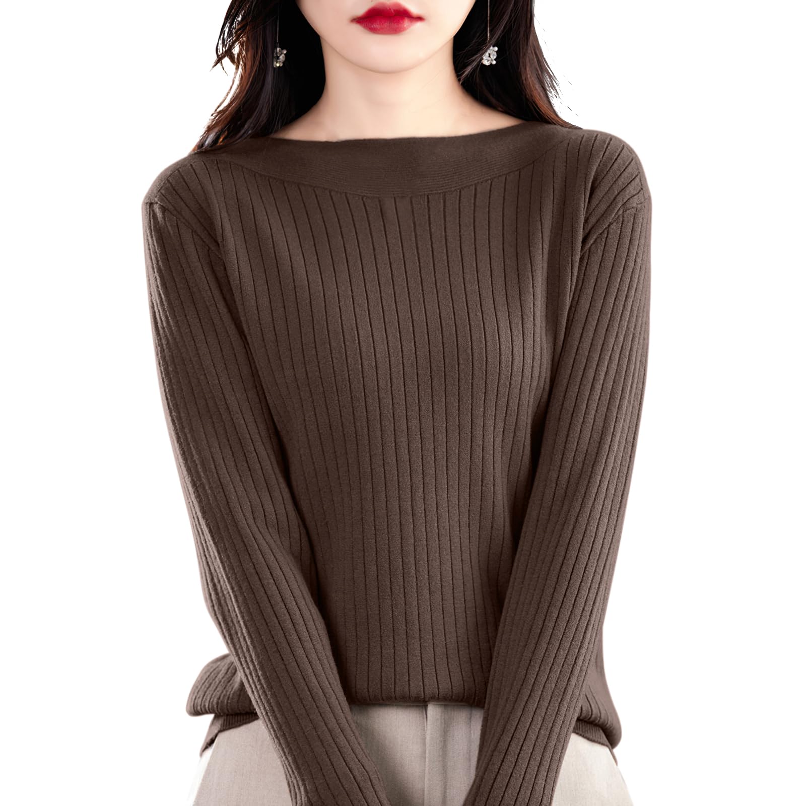 [PALAME] リブニット セーター レディース 長袖 【女性らしい上品なセクシーさ・やさしい肌触り】 ニット トップス ボートネック カットソー 柔らかい 伸縮性 薄手 着痩せ 着回し力 カジュアル きれいめ 婦人服 通勤 日常 春 秋 冬